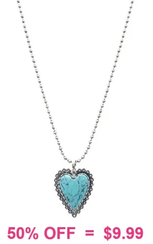Turquoise Stone Heart pendant silver ball chain necklace
