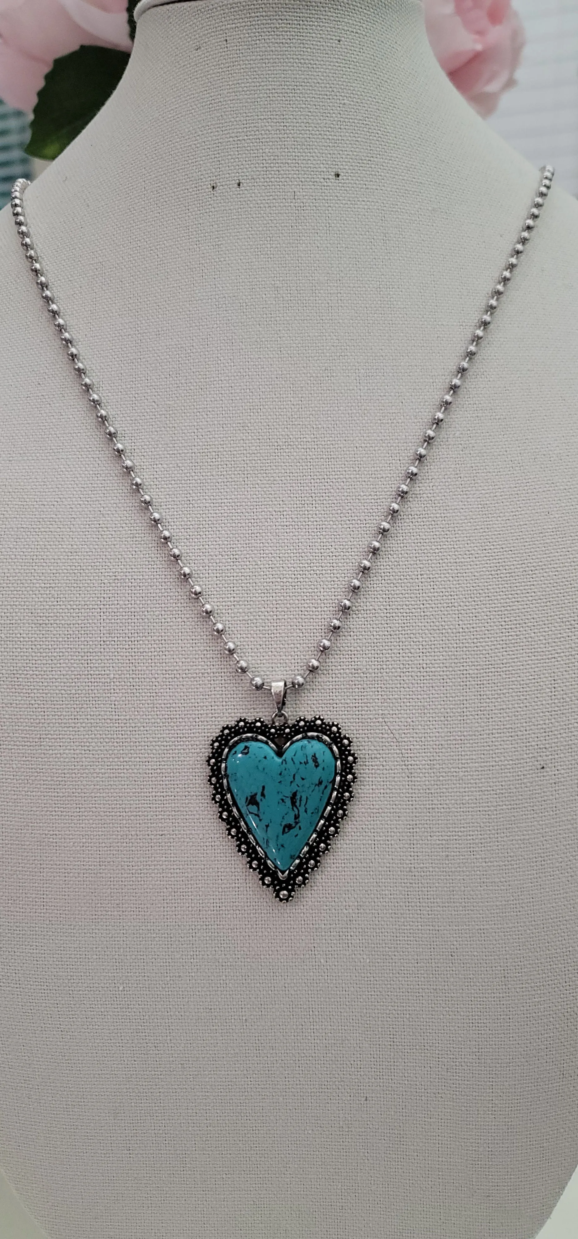 Turquoise Stone Heart pendant silver ball chain necklace