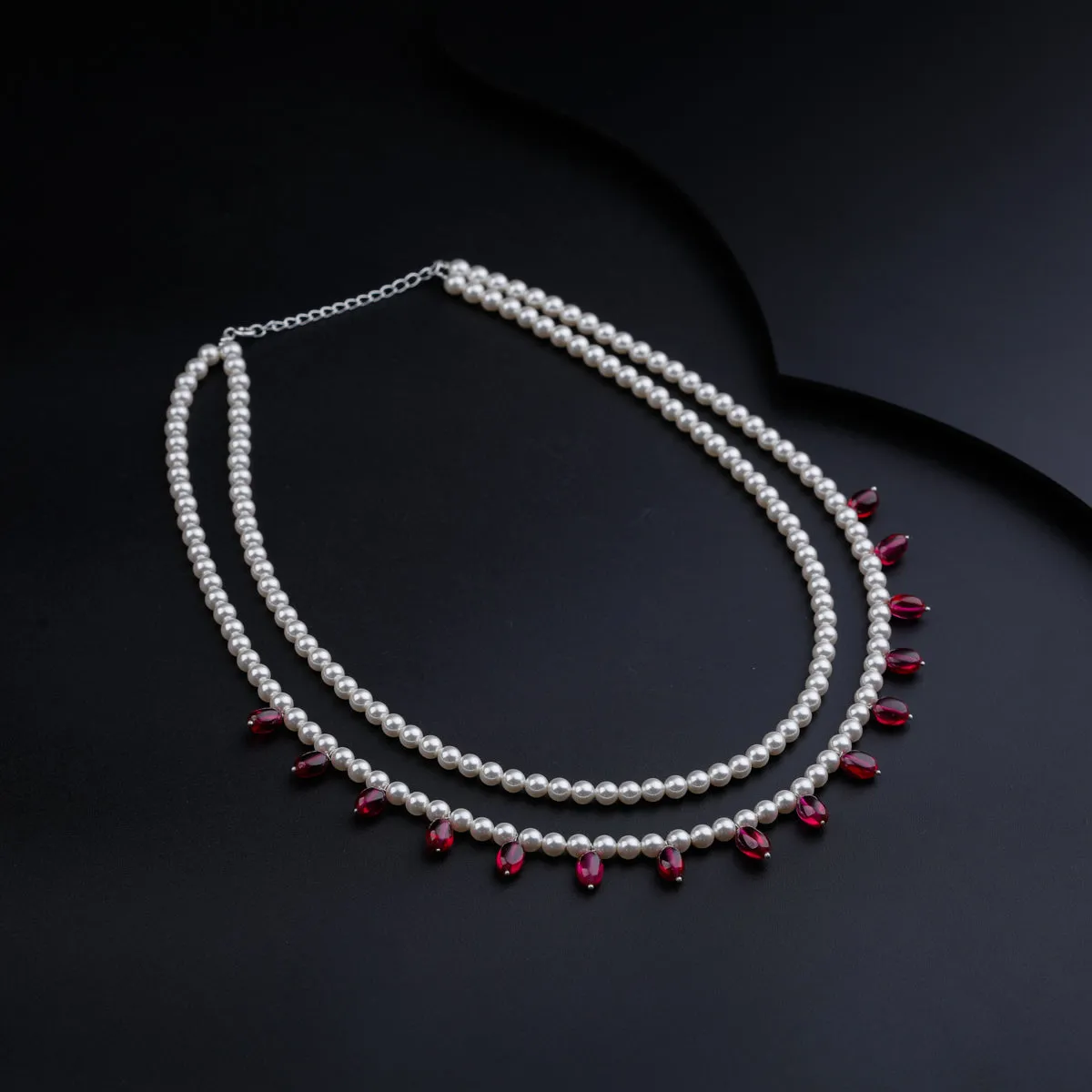 Two Layer Pearl Necklace with Ruby