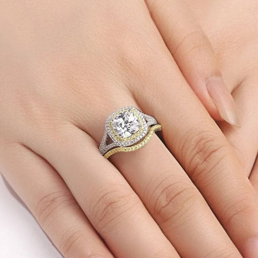 Two-tone 1.8 Ct Cushion Cut Diamond Ring Set