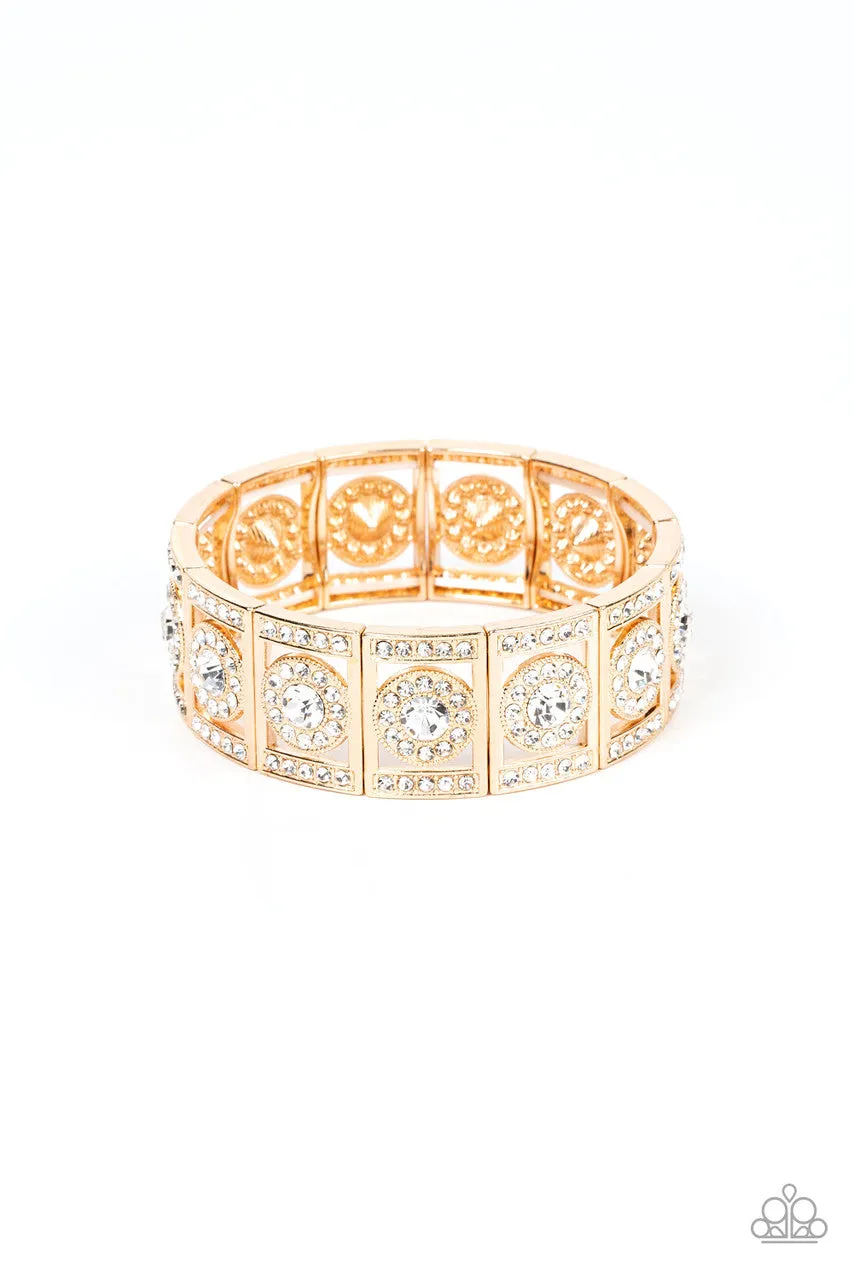 Ultra Upscale - Gold - White Rhinestone Bling Paparazzi Stretchy Bracelet