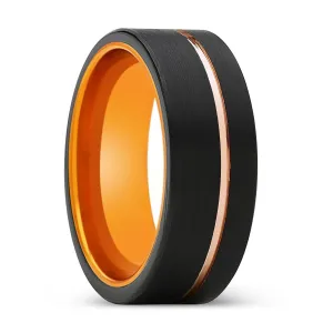 ULTRON | Orange Ring, Black Tungsten Ring, Rose Gold Offset Groove, Brushed, Flat