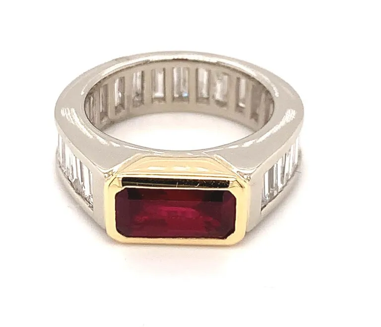 Unheated 2.00 Carat GIA Ruby, Diamond Baguette, Platinum, Gold Eternity Band
