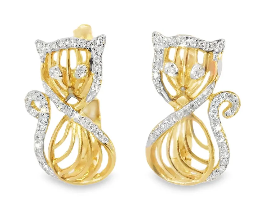 Unique 14K Pink Rose Gold Diamond Cats Huggie Earrings
