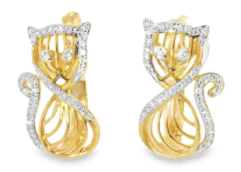 Unique 14K Pink Rose Gold Diamond Cats Huggie Earrings