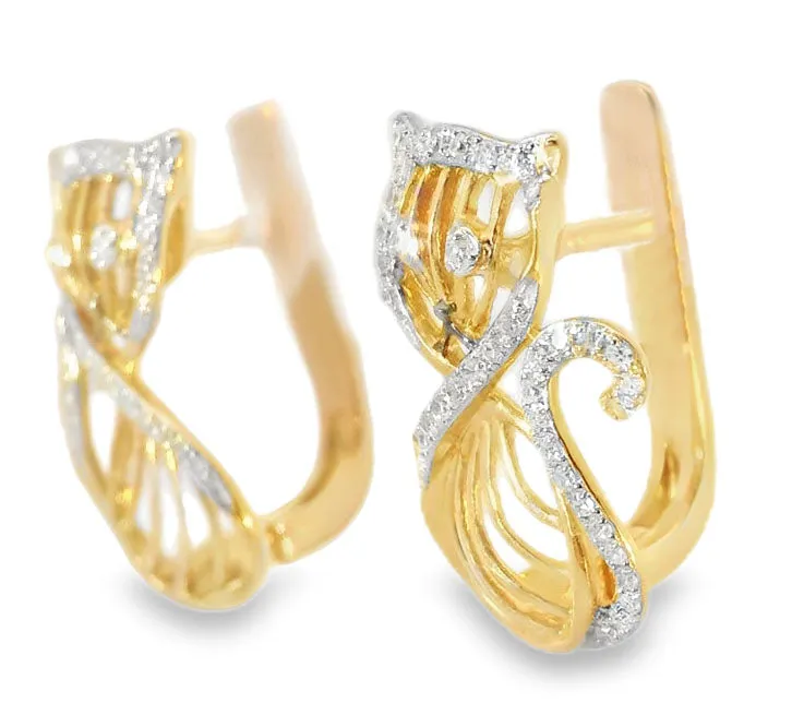 Unique 14K Pink Rose Gold Diamond Cats Huggie Earrings