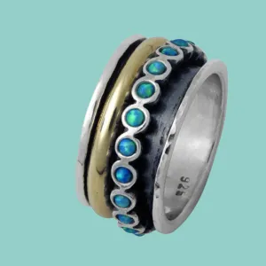 Unisex Fidget ring - Silver Gold Zircons / blue opals