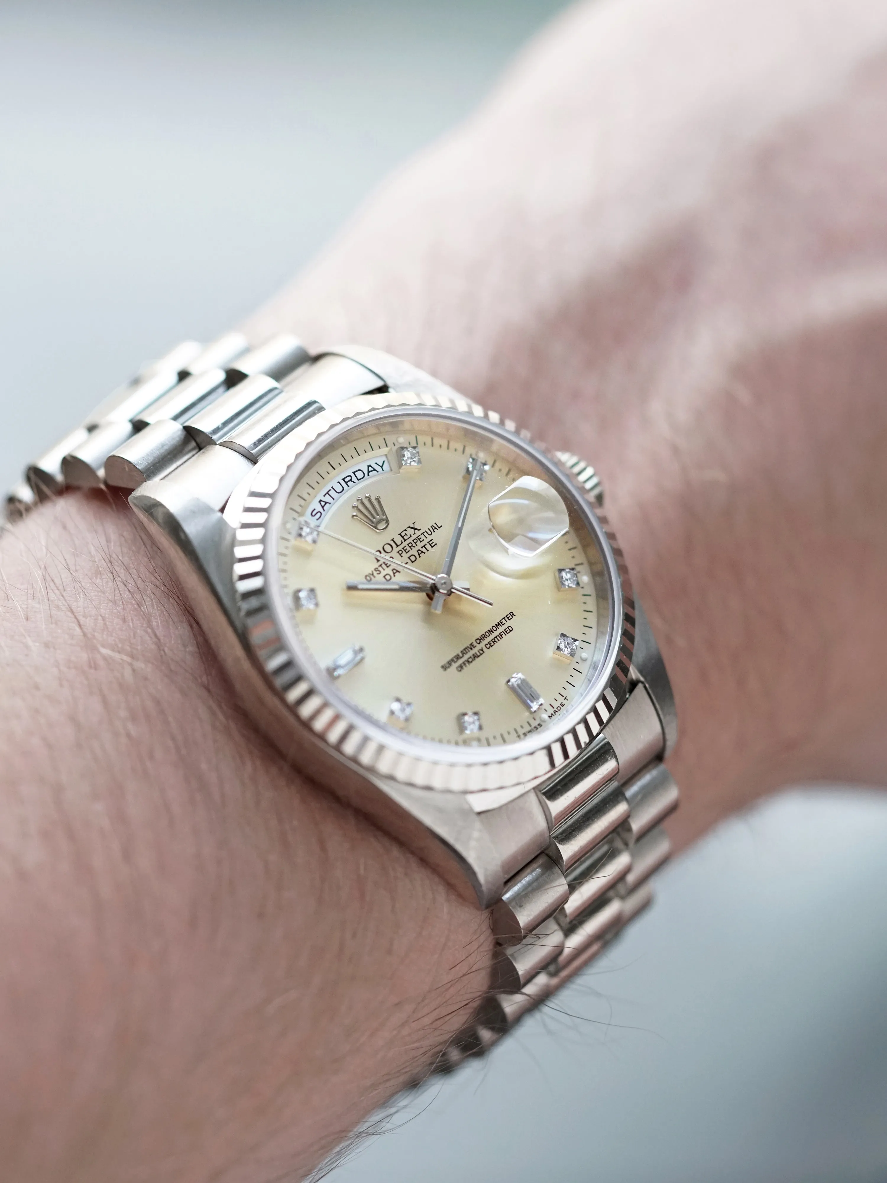 *Unpolished* 1991 Rolex Day-Date 18k WG (Ref. 18239) Silver Diamond Dial