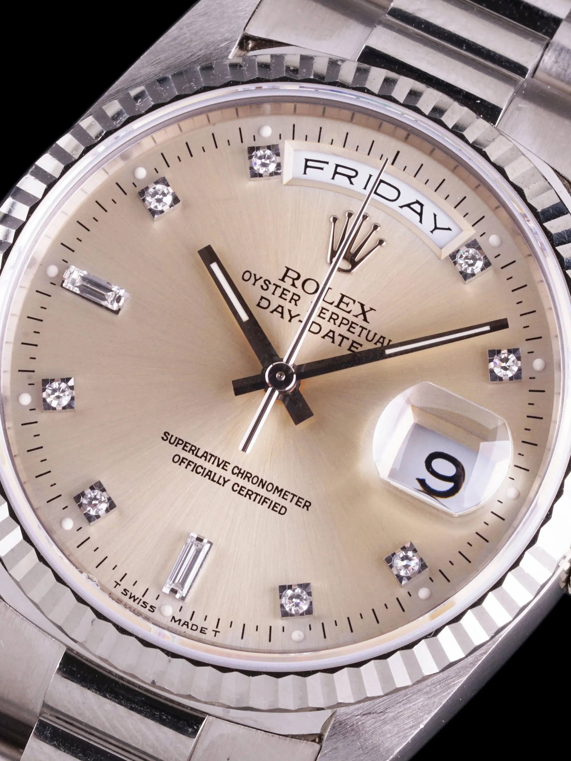 *Unpolished* 1991 Rolex Day-Date 18k WG (Ref. 18239) Silver Diamond Dial