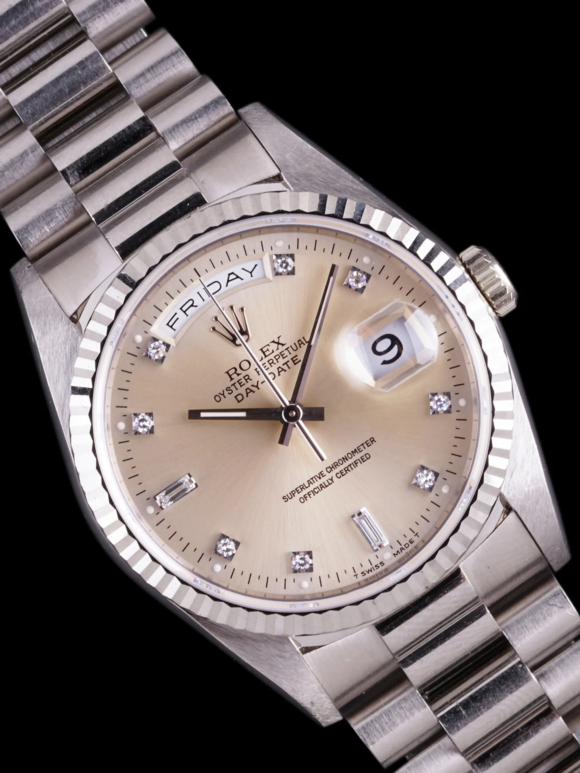 *Unpolished* 1991 Rolex Day-Date 18k WG (Ref. 18239) Silver Diamond Dial