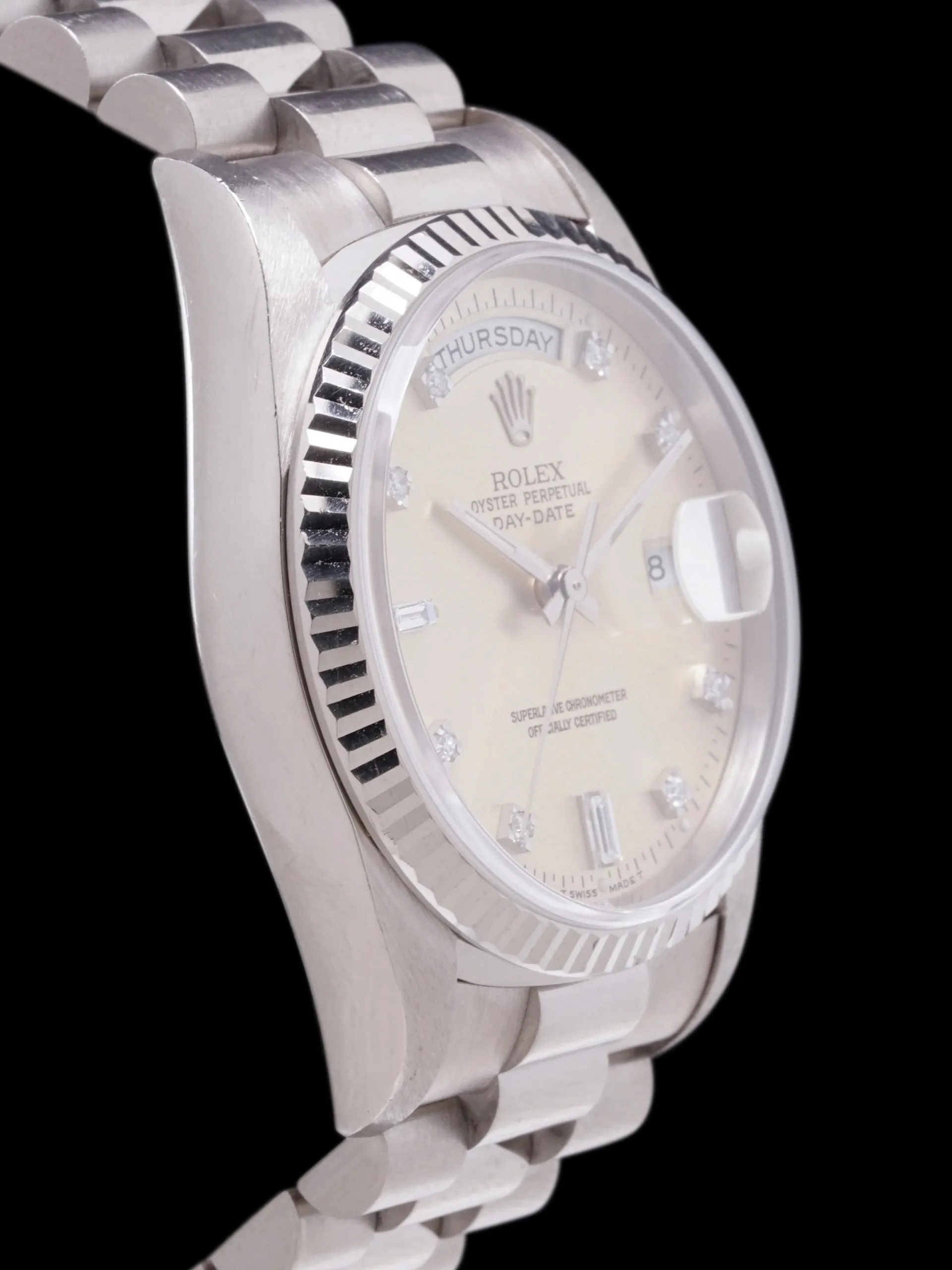 *Unpolished* 1991 Rolex Day-Date 18k WG (Ref. 18239) Silver Diamond Dial