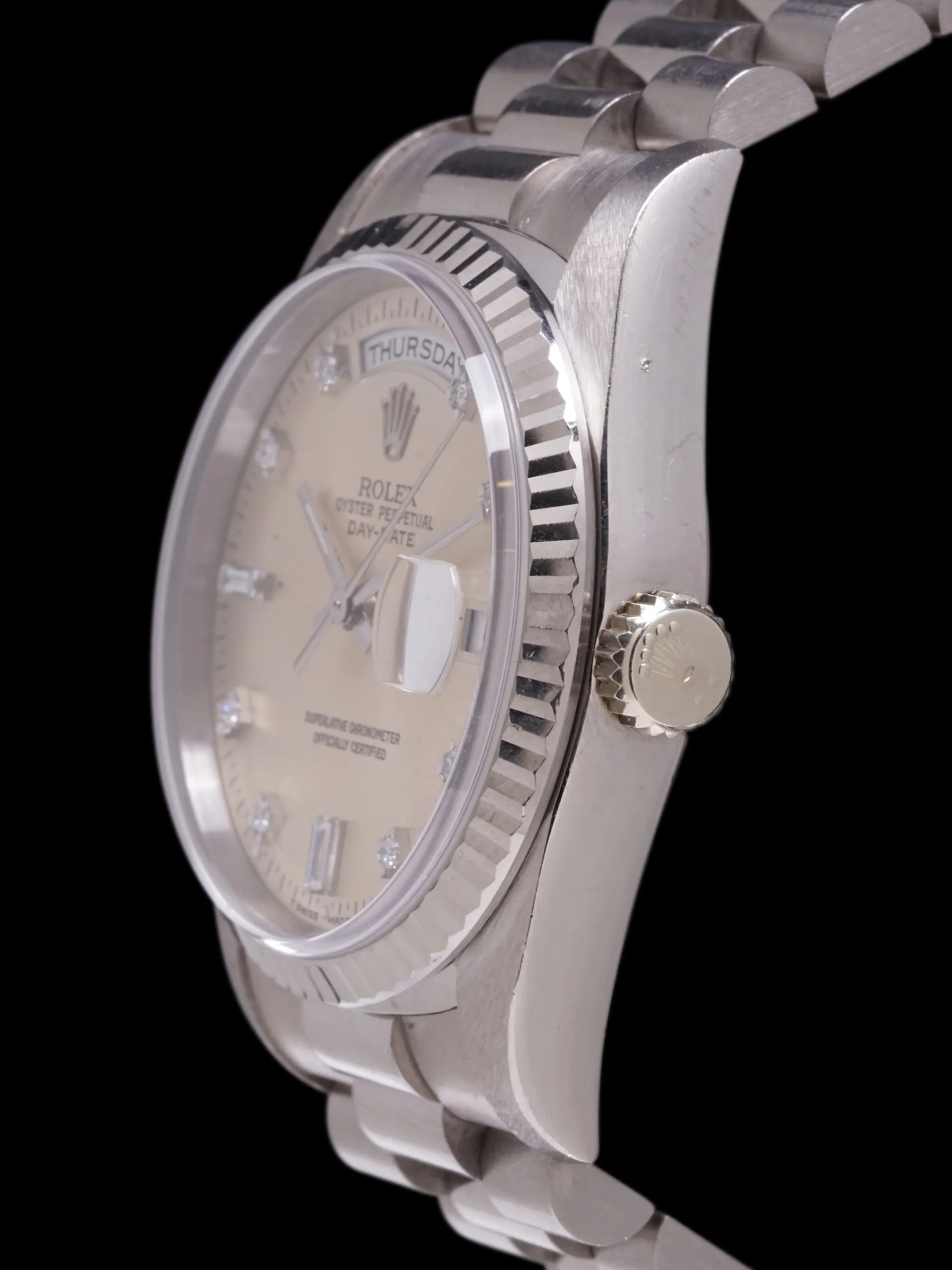 *Unpolished* 1991 Rolex Day-Date 18k WG (Ref. 18239) Silver Diamond Dial