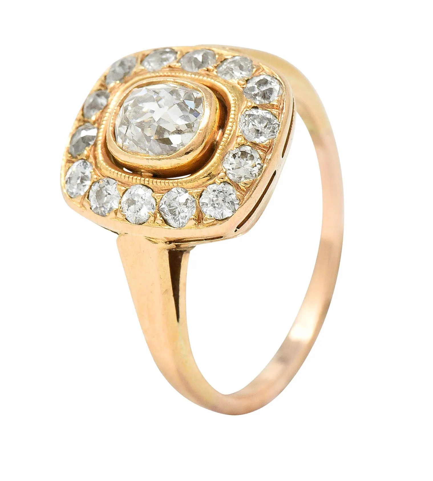 Victorian 1.11 CTW Old Mine Diamond 18 Karat Rose Gold Antique Cluster Ring