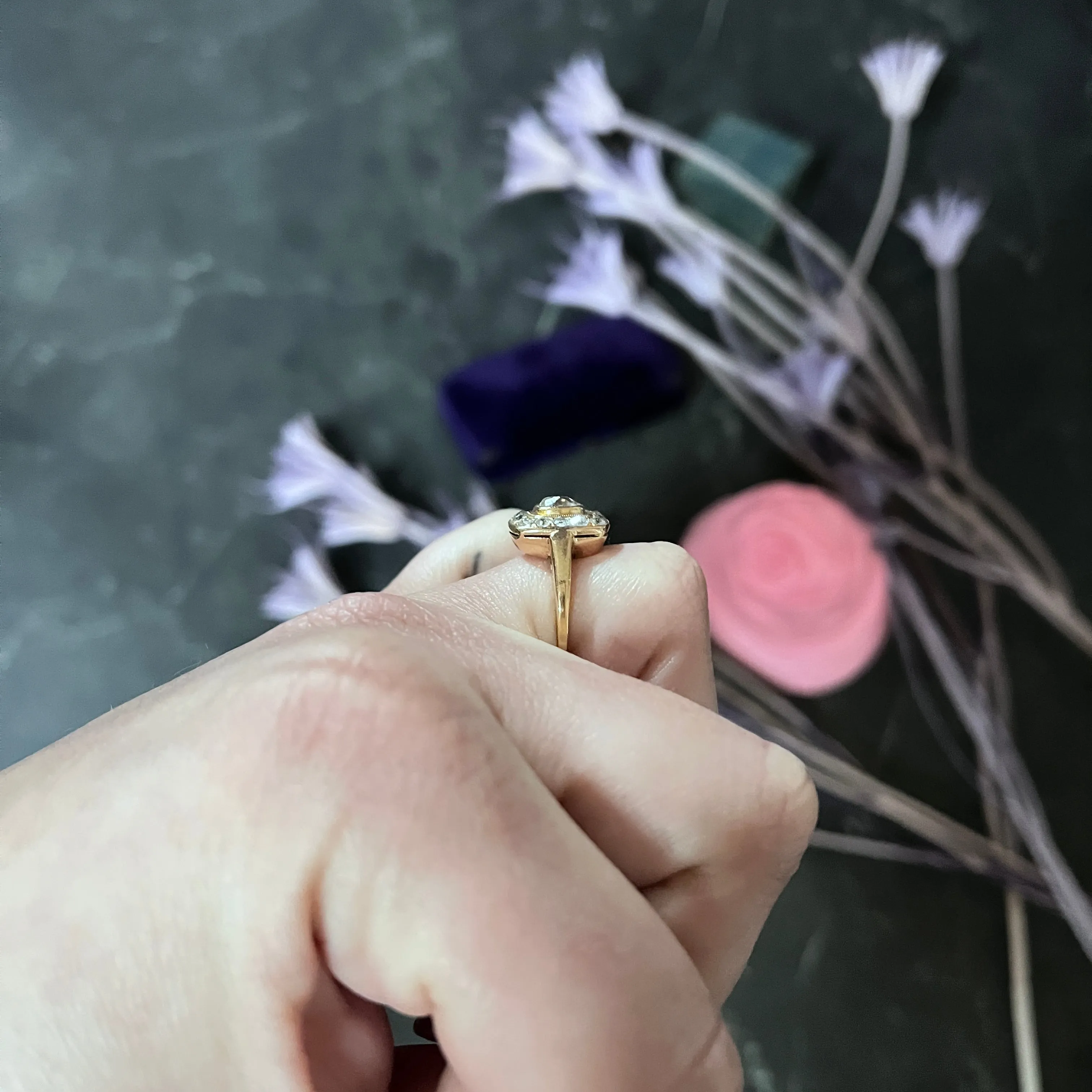 Victorian 1.11 CTW Old Mine Diamond 18 Karat Rose Gold Antique Cluster Ring