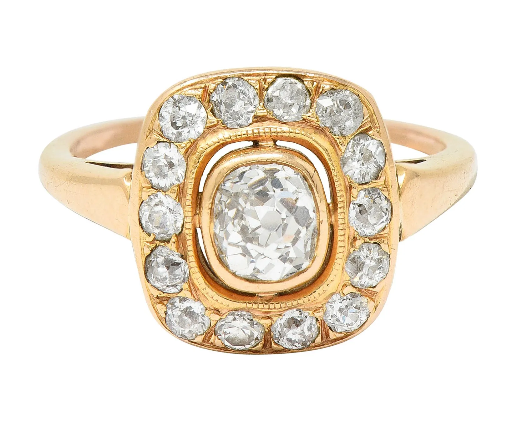 Victorian 1.11 CTW Old Mine Diamond 18 Karat Rose Gold Antique Cluster Ring