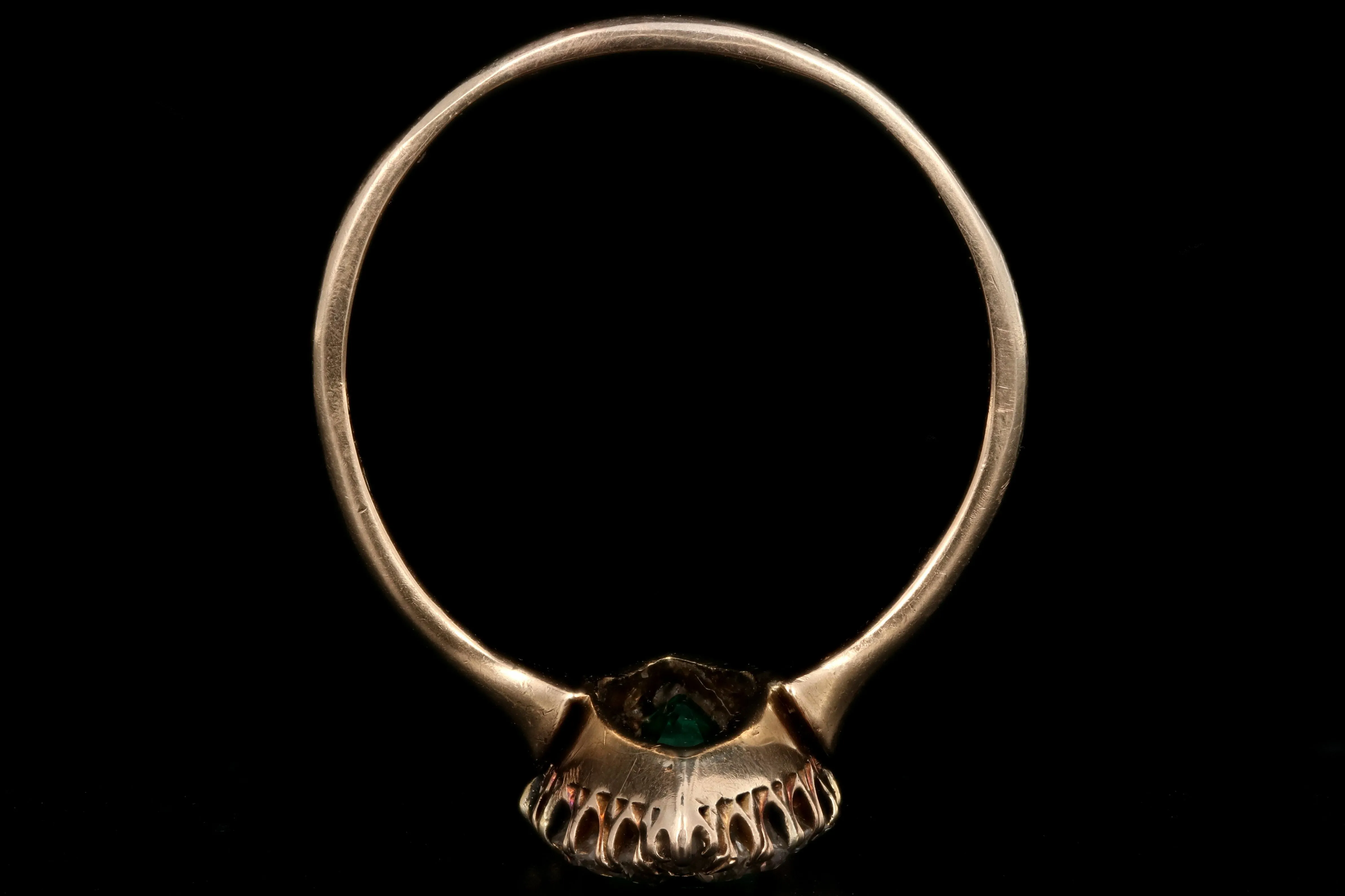 Victorian 14K Yellow Gold .75 Carat Emerald and Old European Cut Diamond Navette Ring