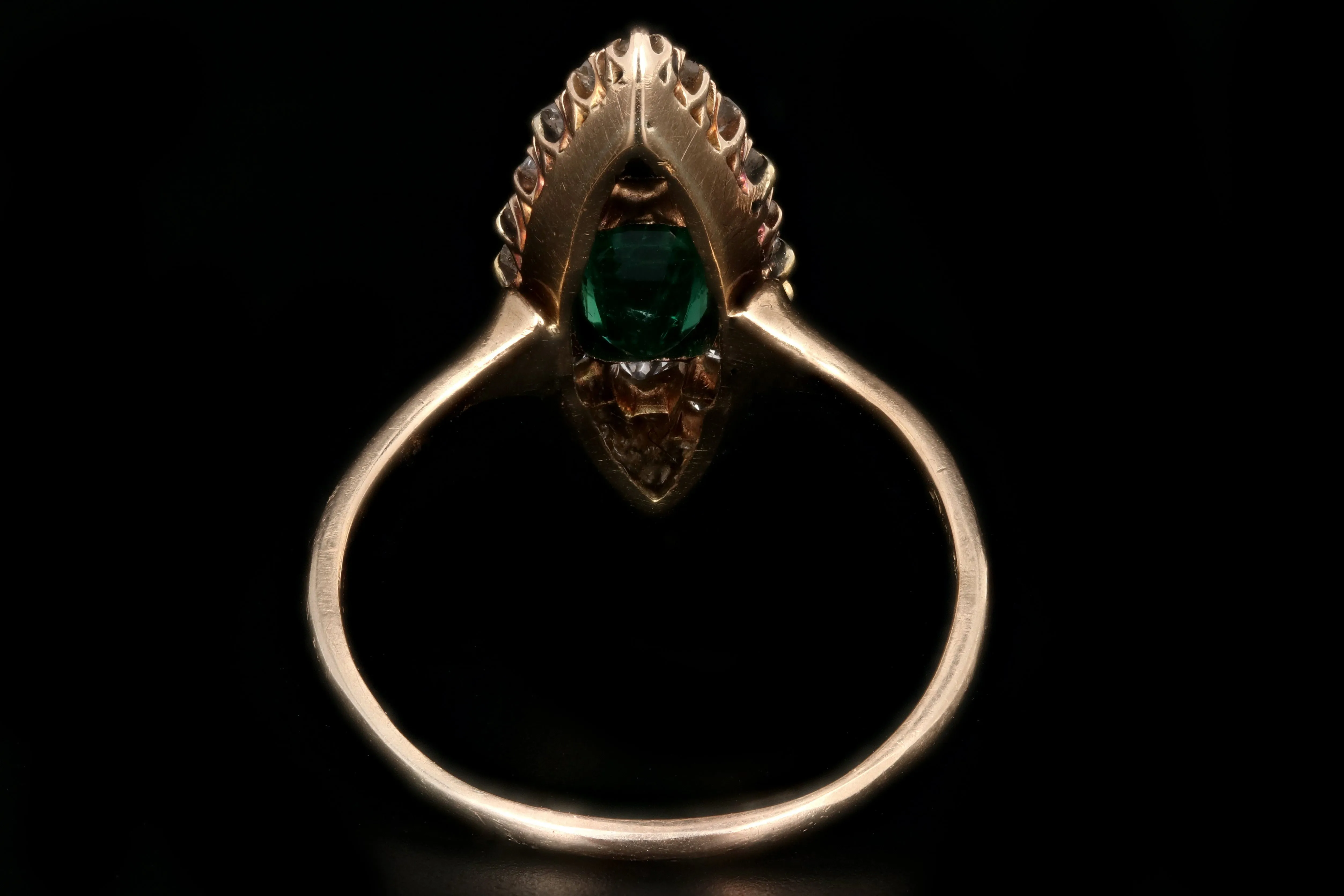 Victorian 14K Yellow Gold .75 Carat Emerald and Old European Cut Diamond Navette Ring