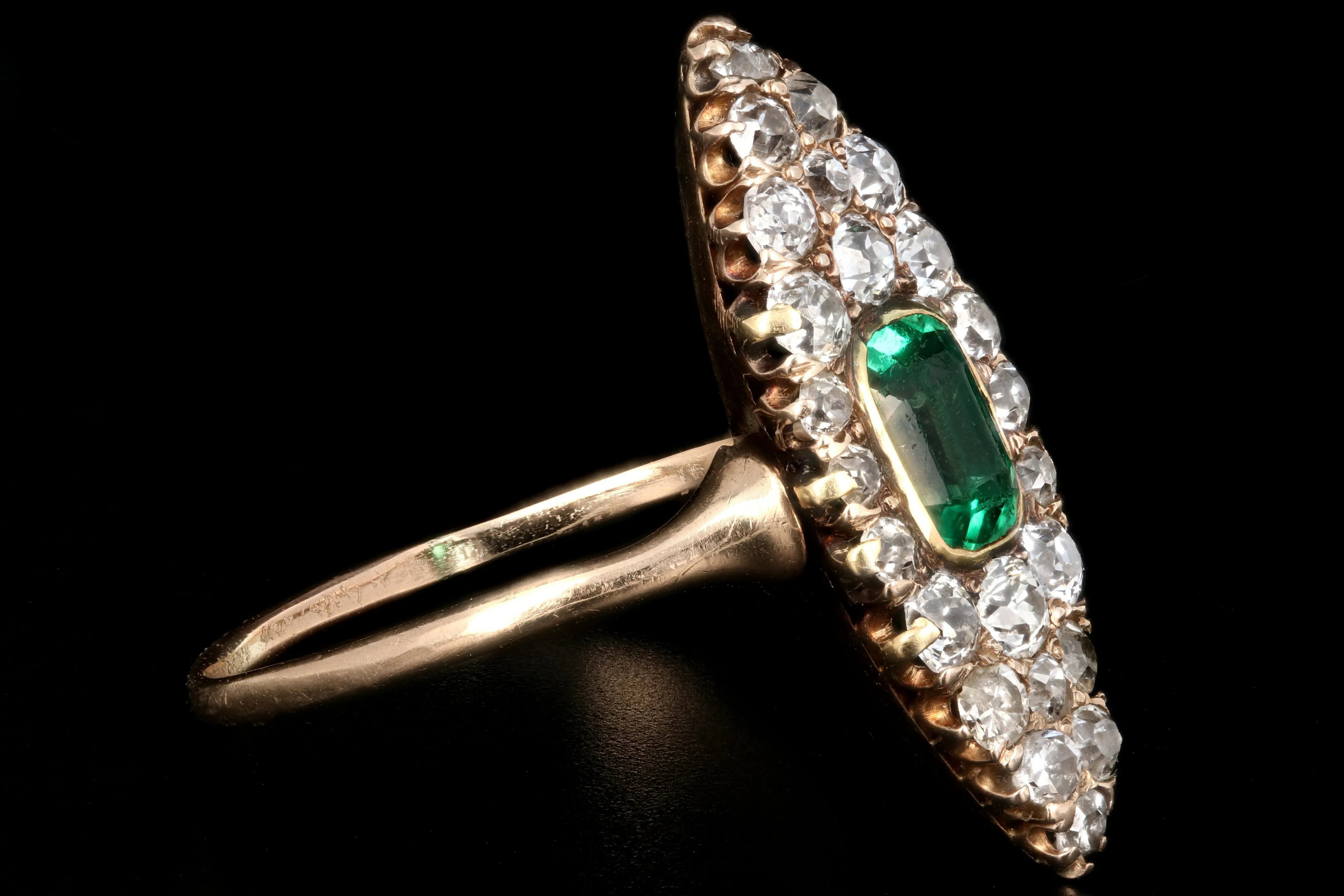Victorian 14K Yellow Gold .75 Carat Emerald and Old European Cut Diamond Navette Ring
