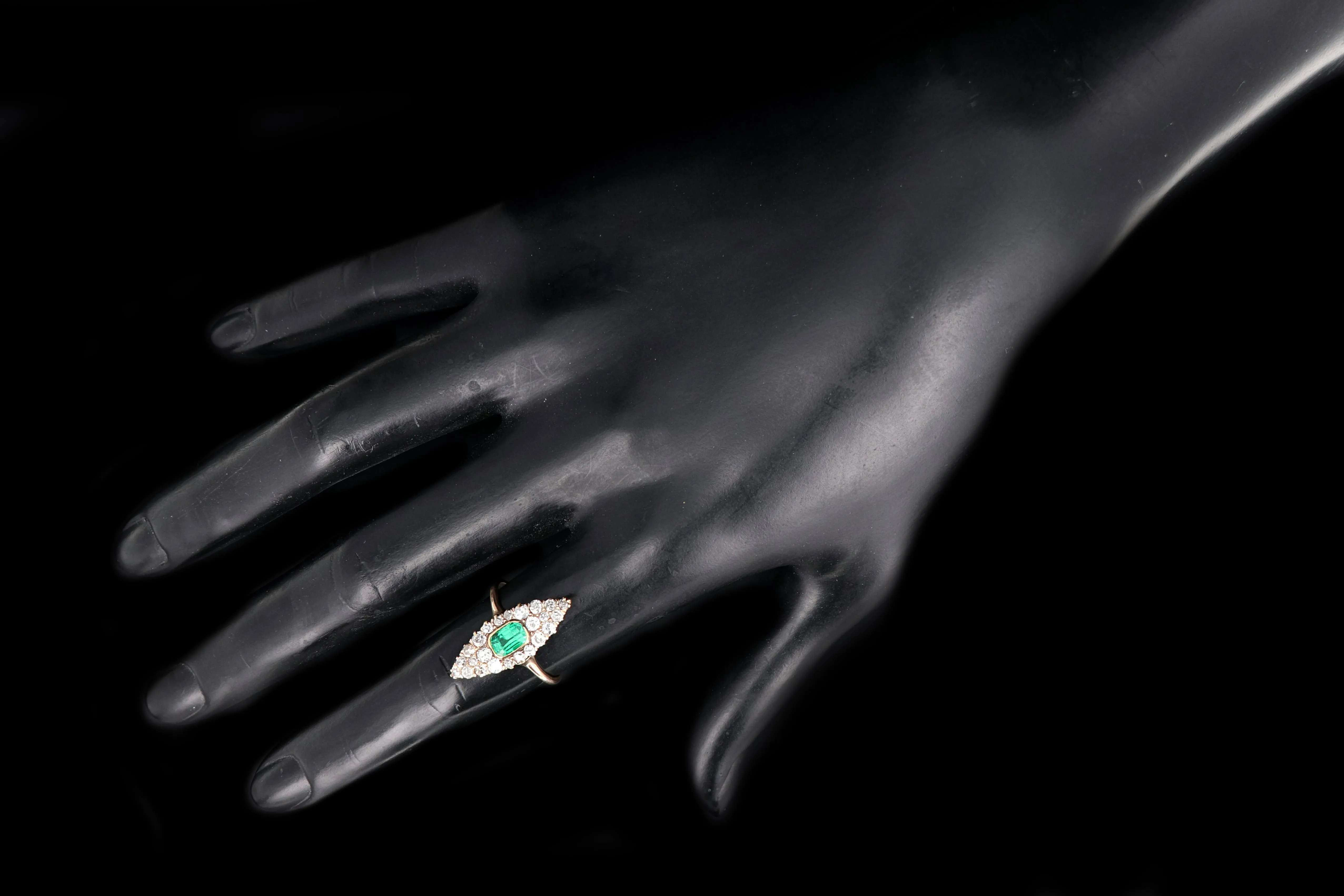 Victorian 14K Yellow Gold .75 Carat Emerald and Old European Cut Diamond Navette Ring
