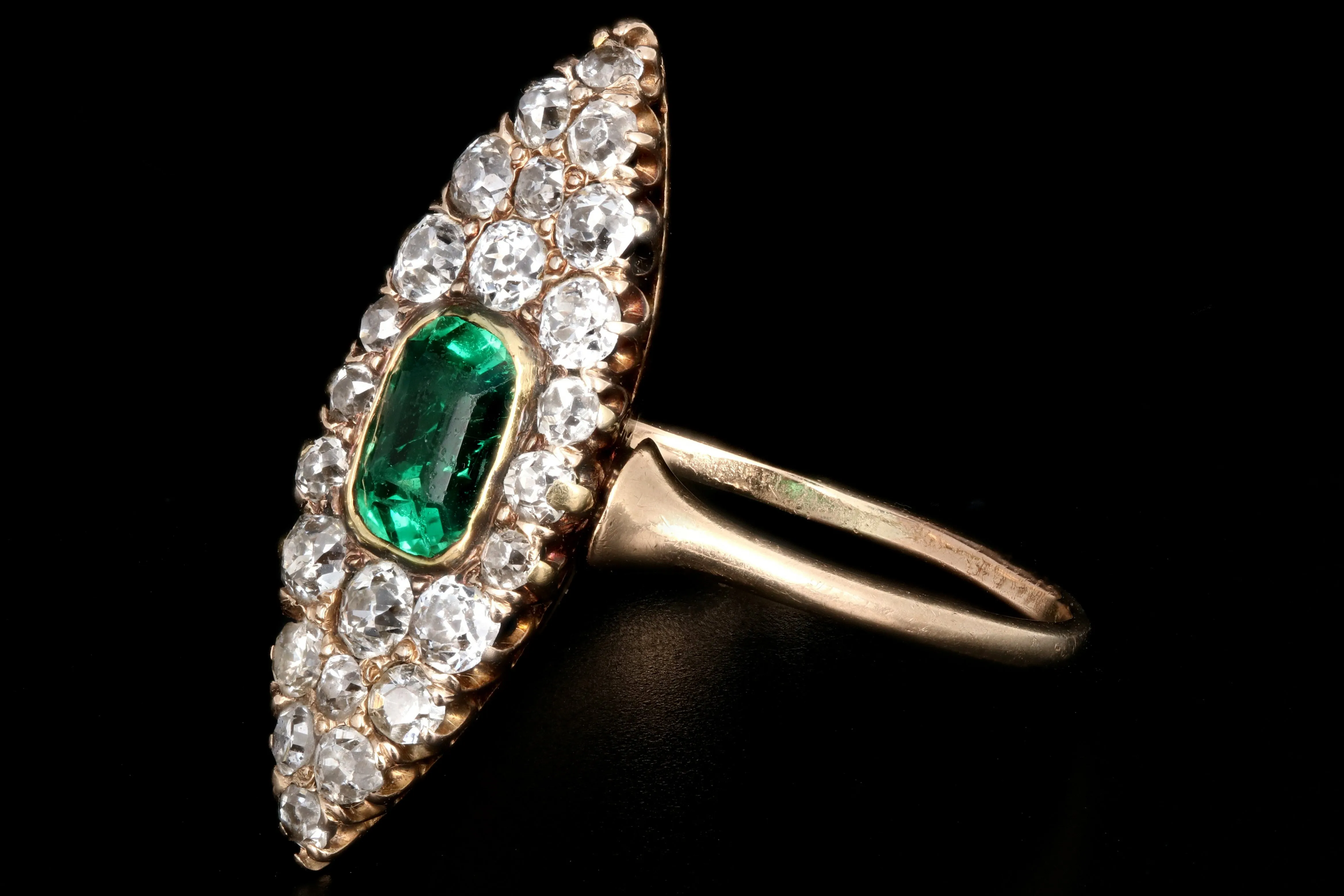 Victorian 14K Yellow Gold .75 Carat Emerald and Old European Cut Diamond Navette Ring