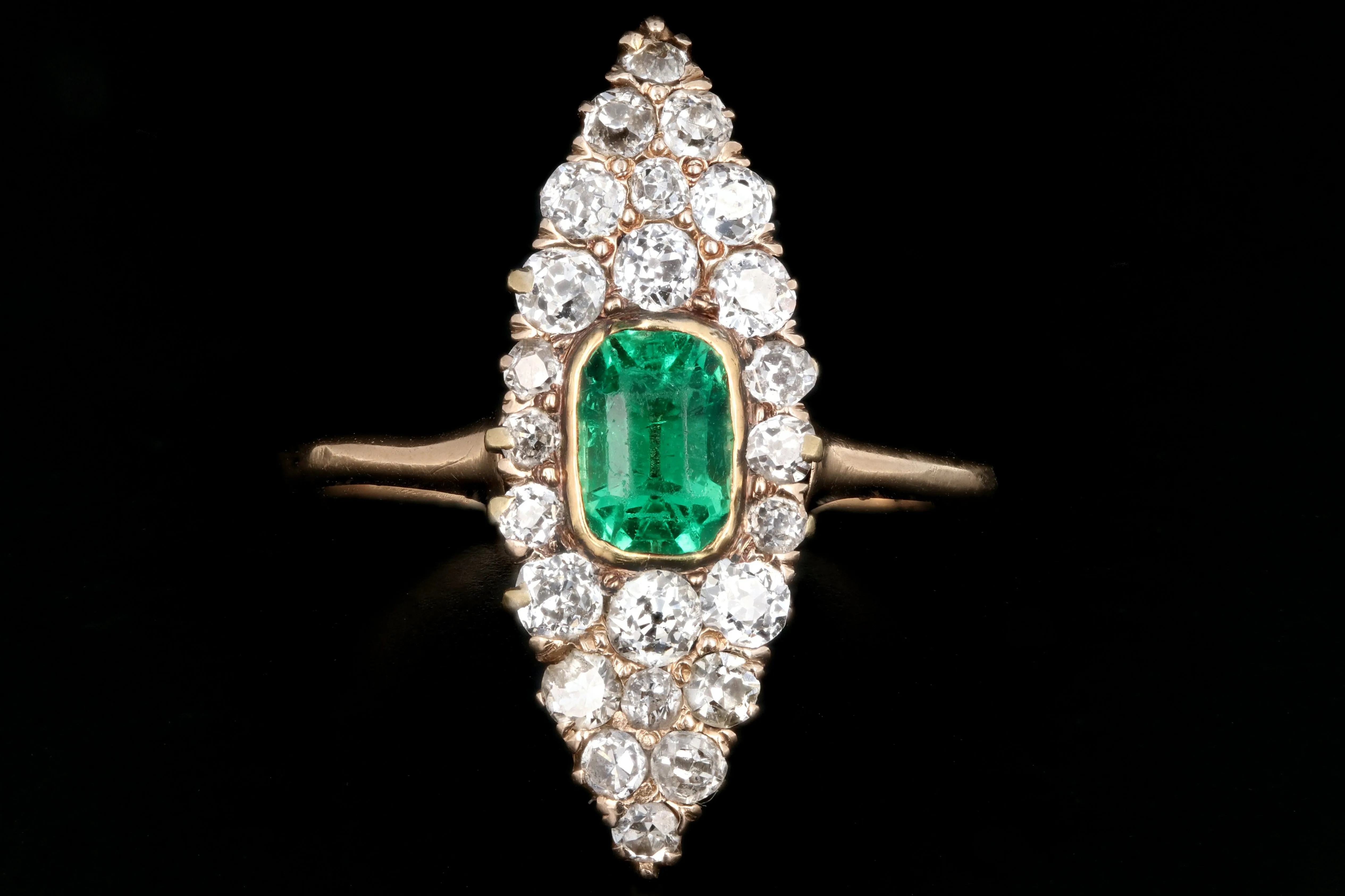 Victorian 14K Yellow Gold .75 Carat Emerald and Old European Cut Diamond Navette Ring