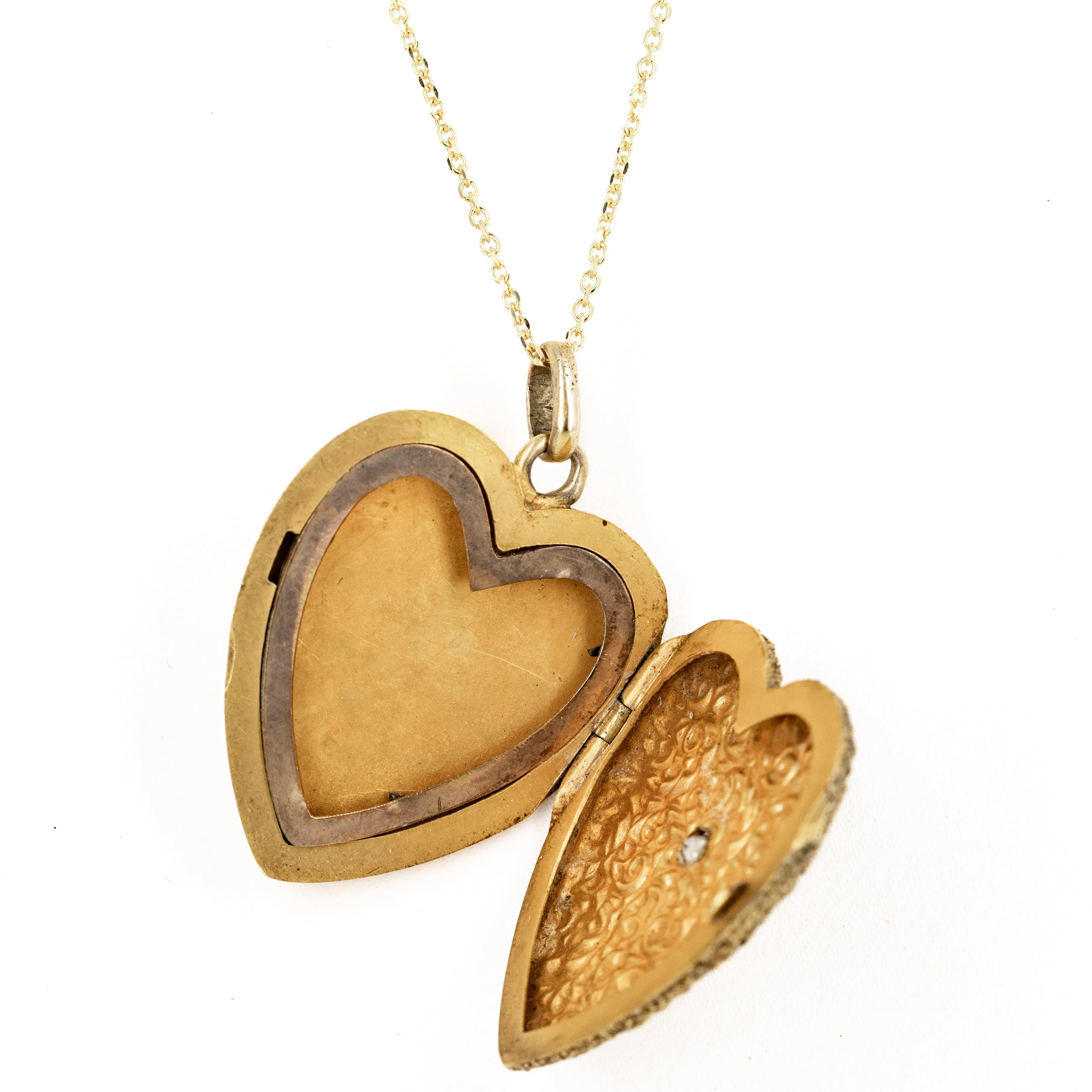 Victorian 14K Yellow Gold Old European Diamond Textured Heart Locket