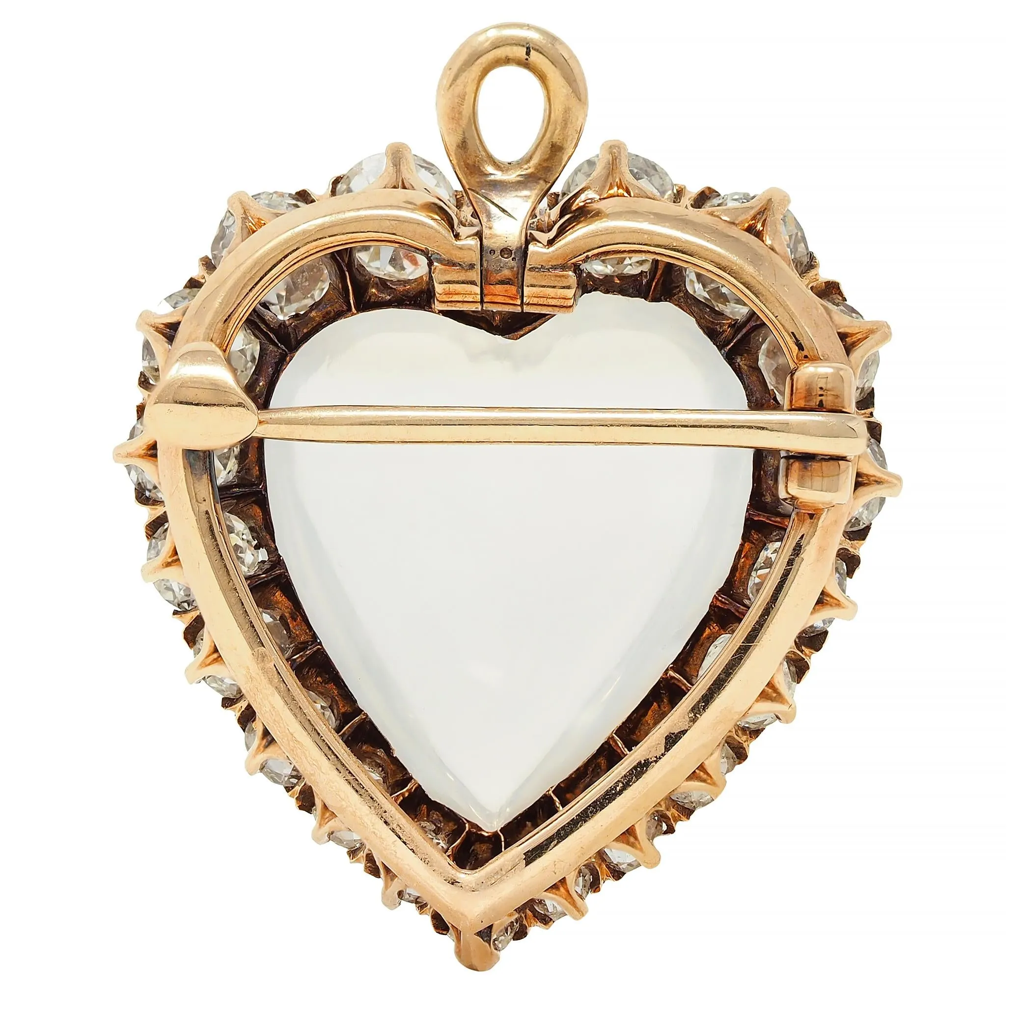 Victorian 1.63 CTW Diamond Moonstone 14 Karat Gold Antique Heart Halo Pendant Brooch