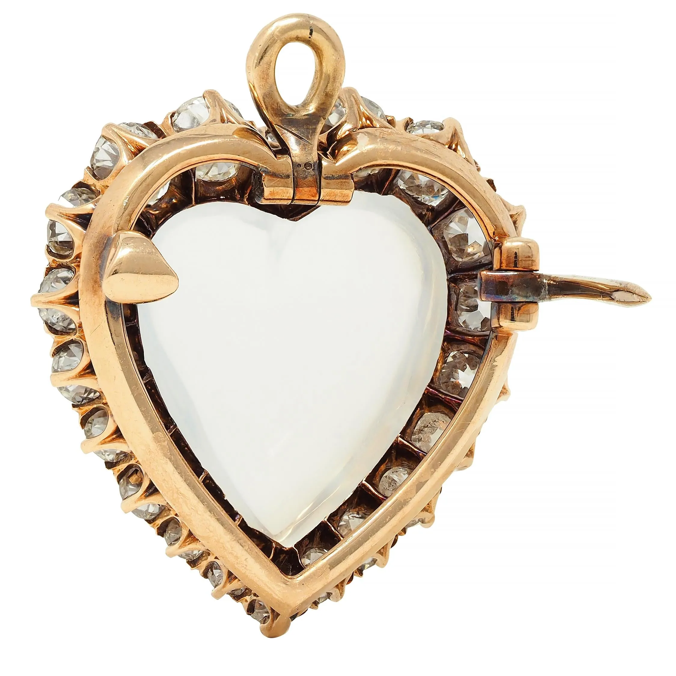 Victorian 1.63 CTW Diamond Moonstone 14 Karat Gold Antique Heart Halo Pendant Brooch