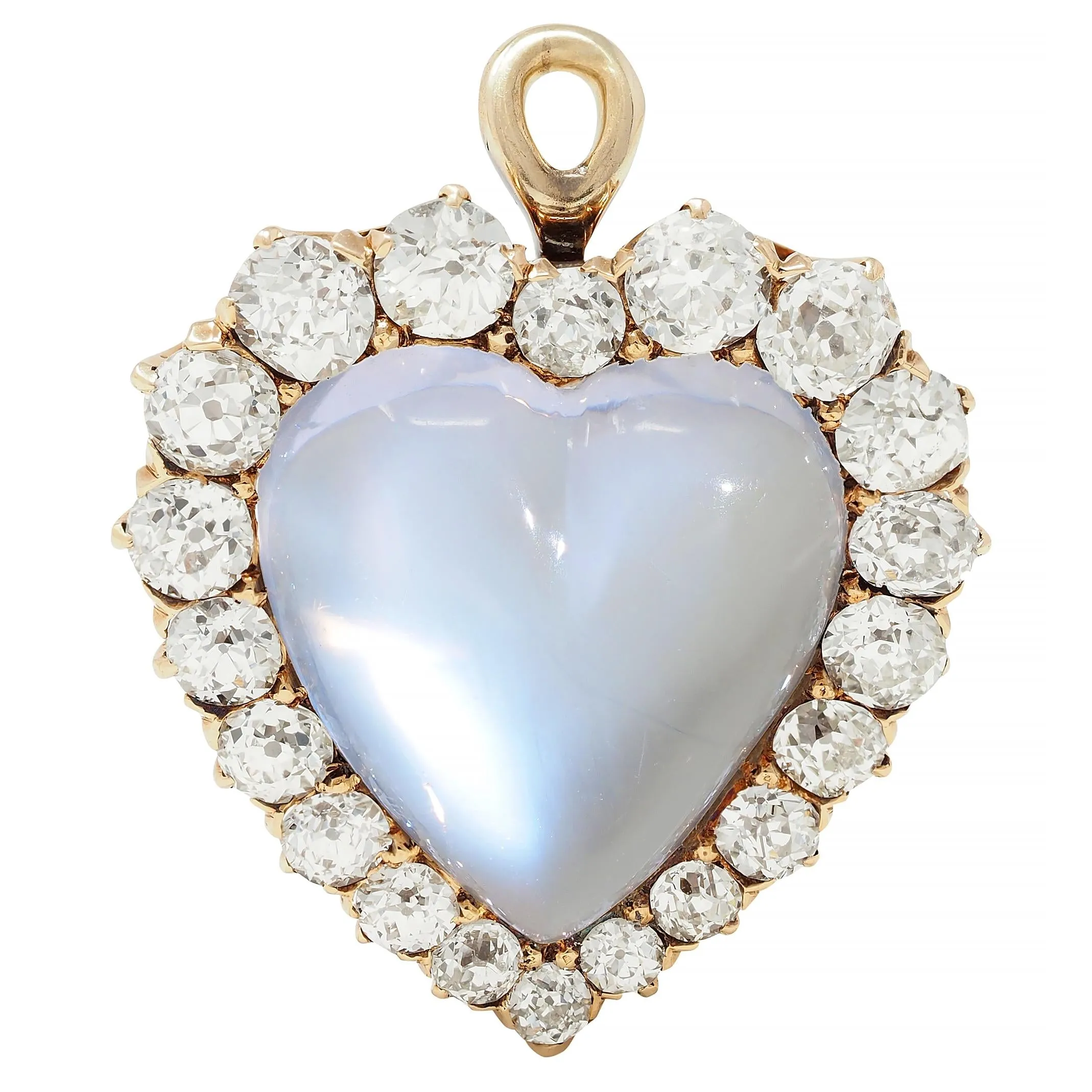 Victorian 1.63 CTW Diamond Moonstone 14 Karat Gold Antique Heart Halo Pendant Brooch