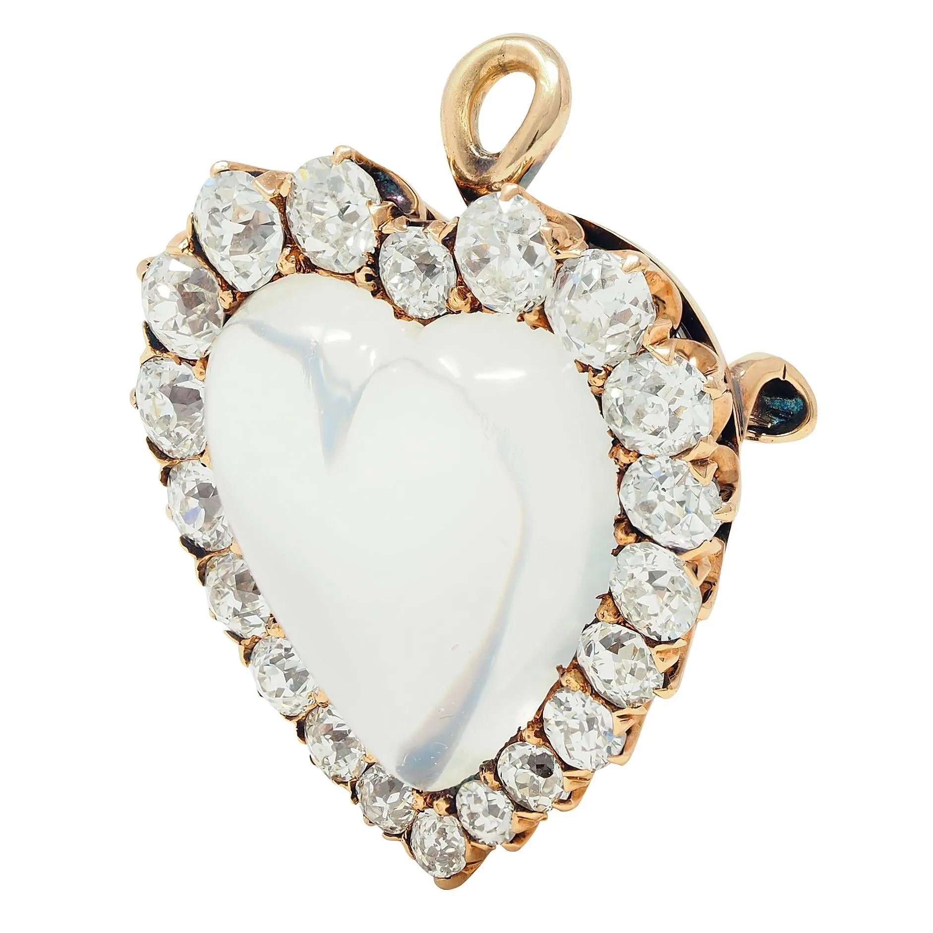 Victorian 1.63 CTW Diamond Moonstone 14 Karat Gold Antique Heart Halo Pendant Brooch