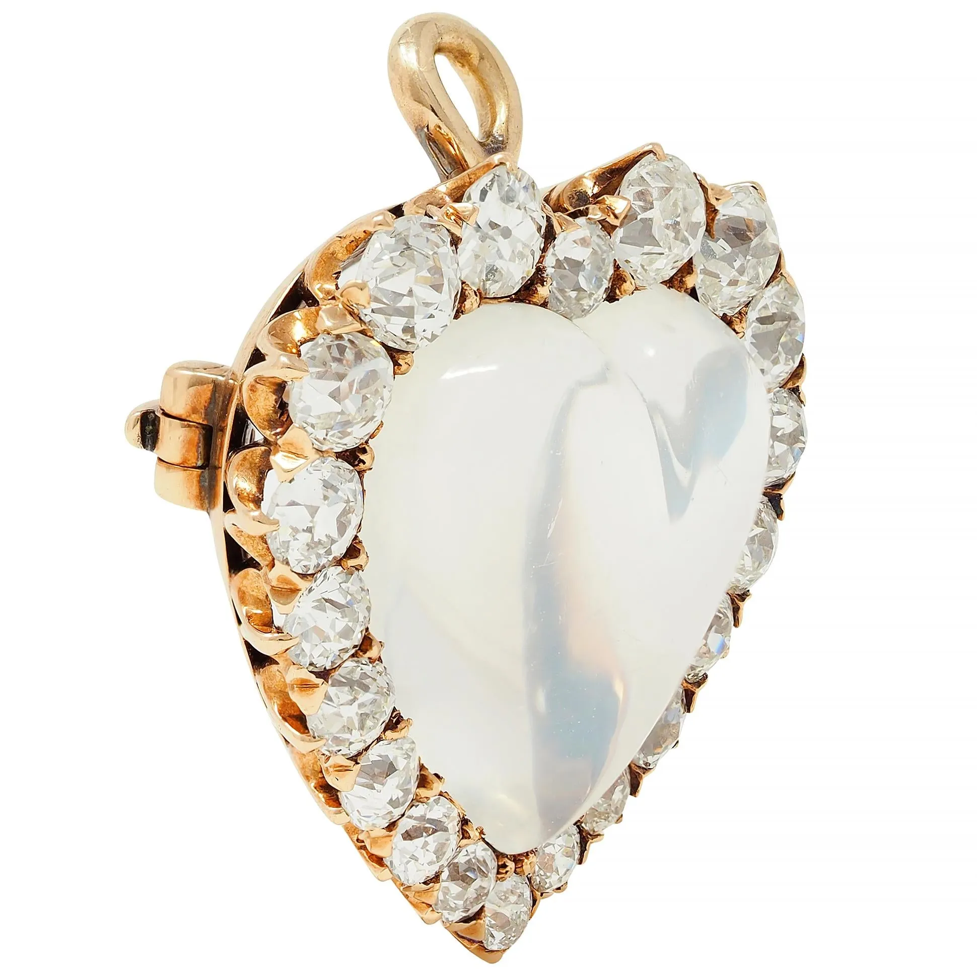 Victorian 1.63 CTW Diamond Moonstone 14 Karat Gold Antique Heart Halo Pendant Brooch
