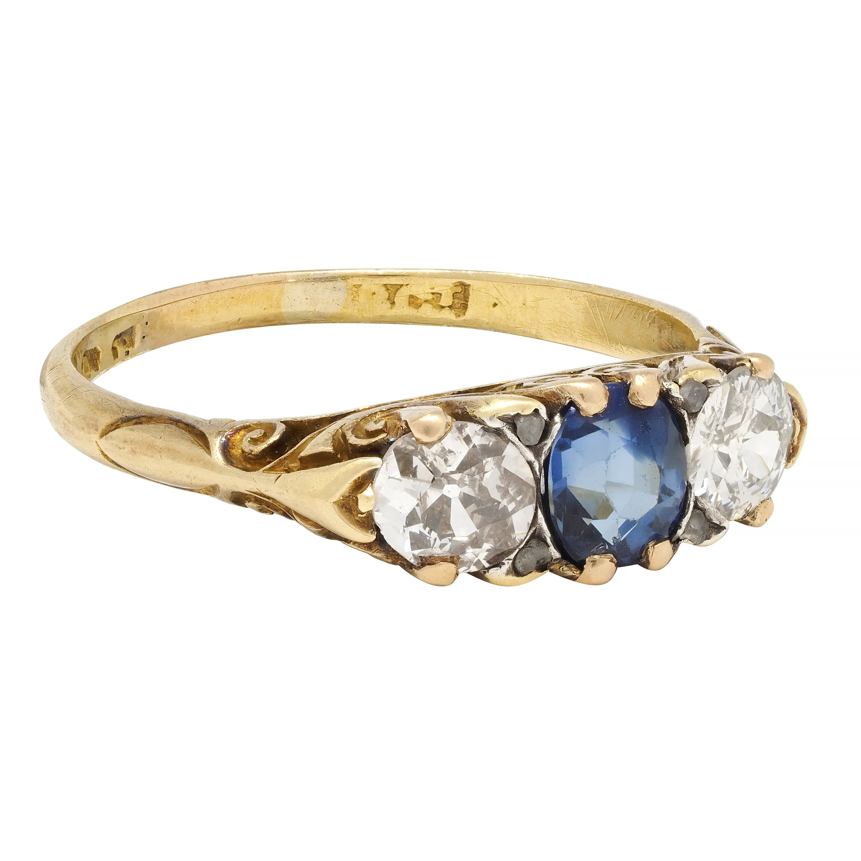 Victorian 1.70 CTW Sapphire Diamond 18 Karat Gold Antique Three Stone Ring