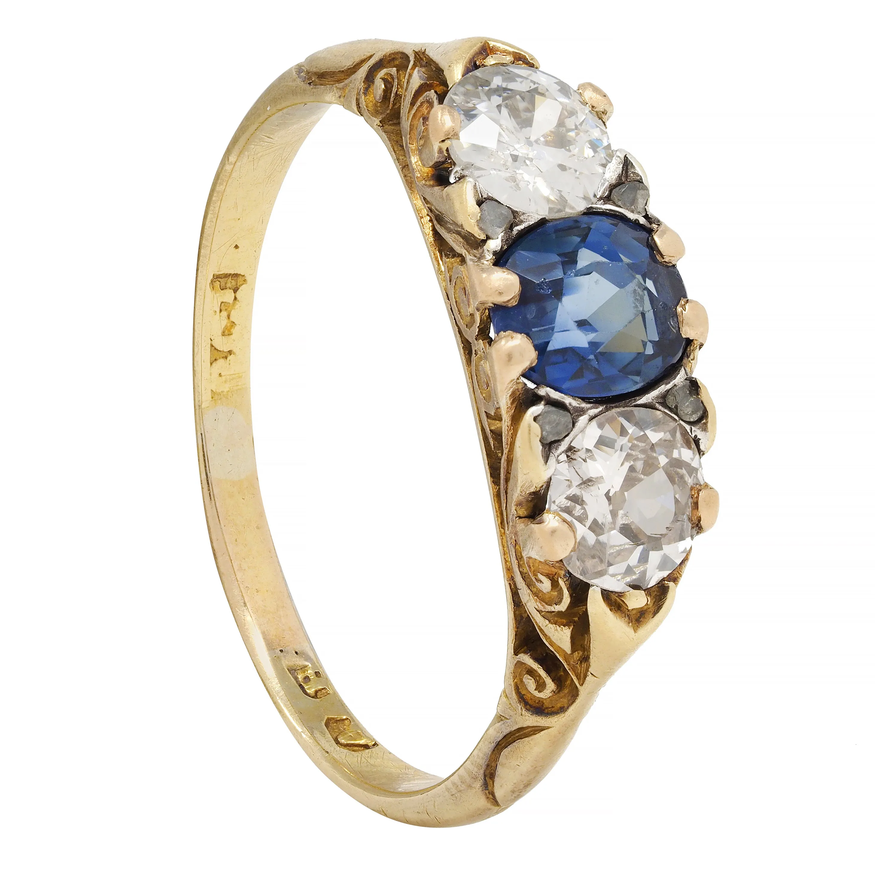 Victorian 1.70 CTW Sapphire Diamond 18 Karat Gold Antique Three Stone Ring