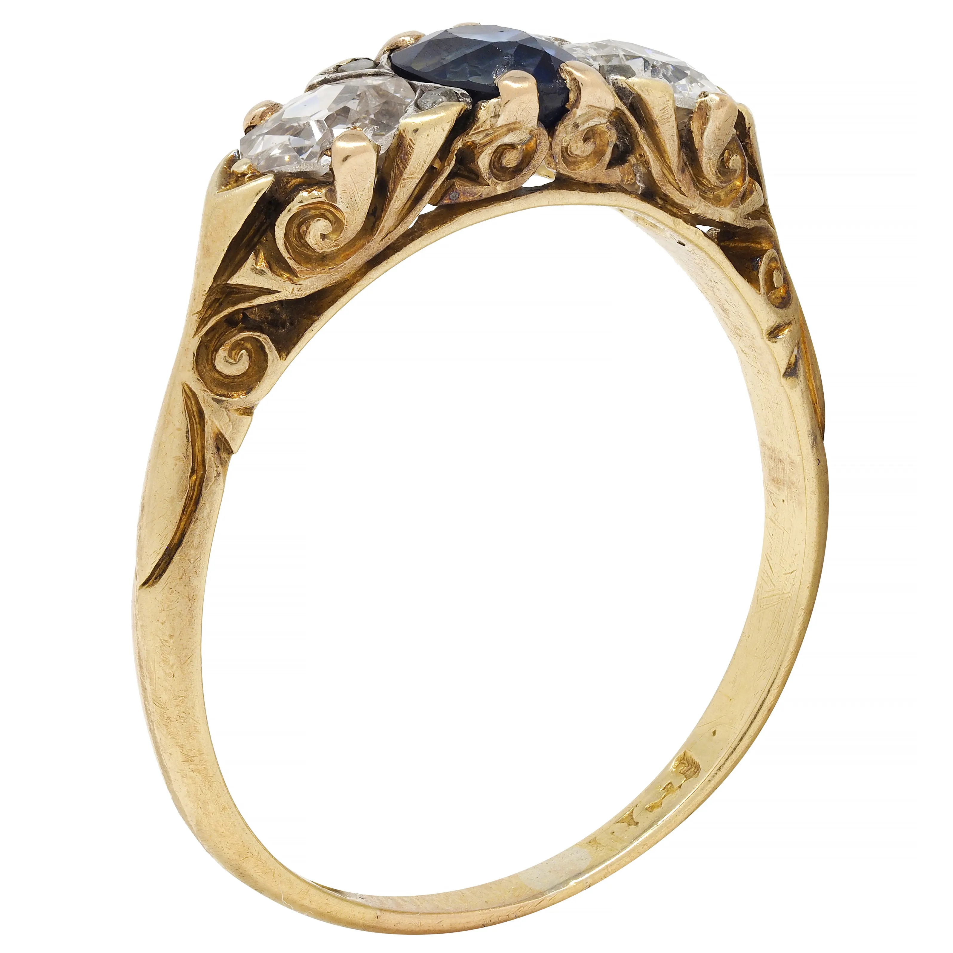 Victorian 1.70 CTW Sapphire Diamond 18 Karat Gold Antique Three Stone Ring