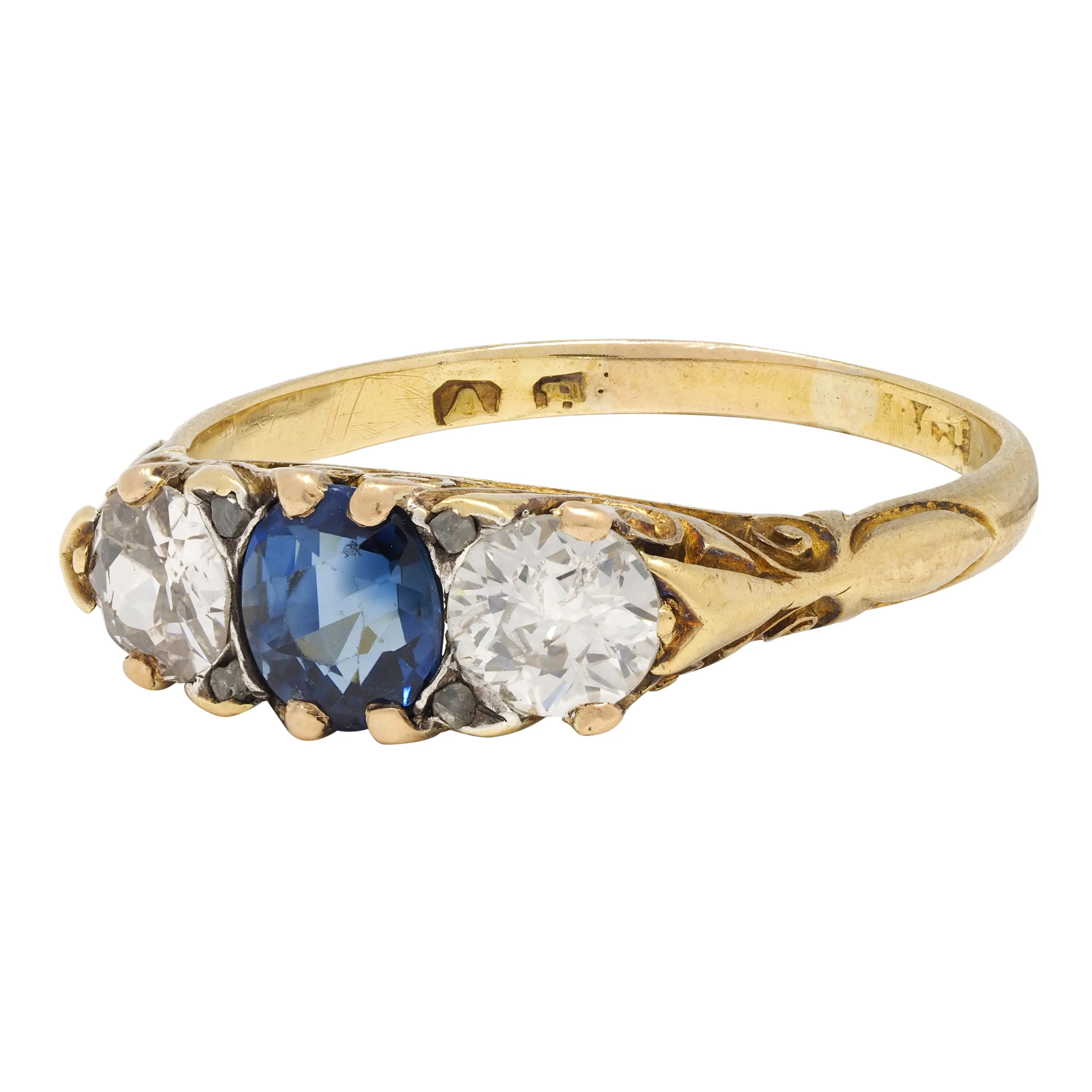 Victorian 1.70 CTW Sapphire Diamond 18 Karat Gold Antique Three Stone Ring