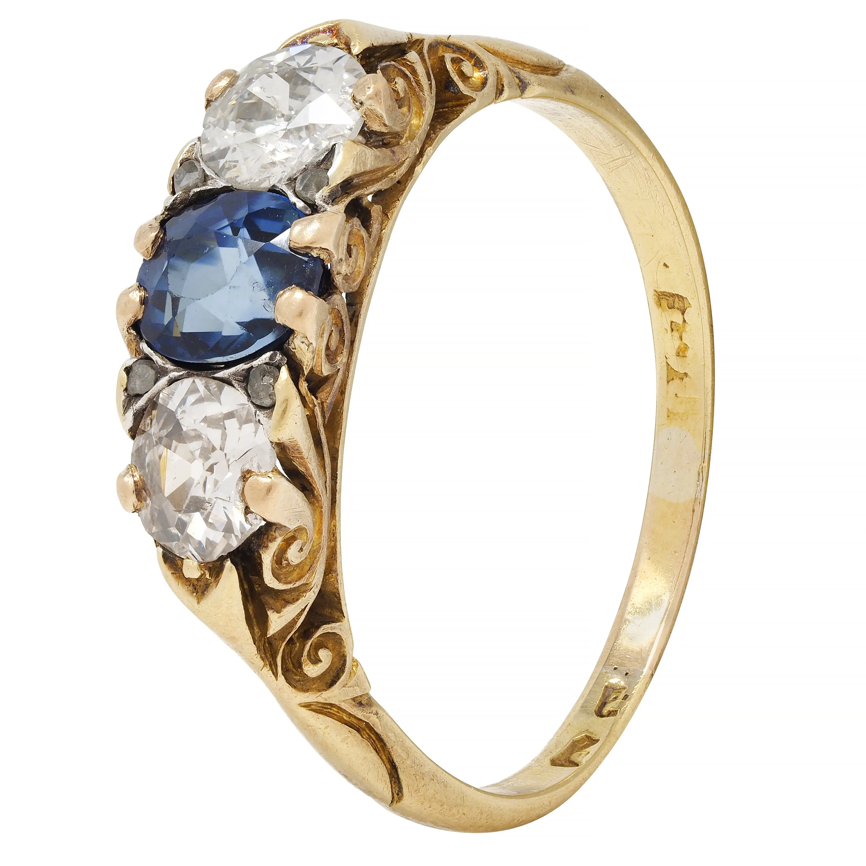 Victorian 1.70 CTW Sapphire Diamond 18 Karat Gold Antique Three Stone Ring