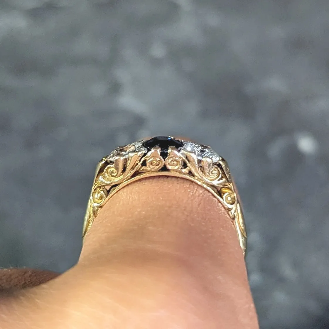 Victorian 1.70 CTW Sapphire Diamond 18 Karat Gold Antique Three Stone Ring