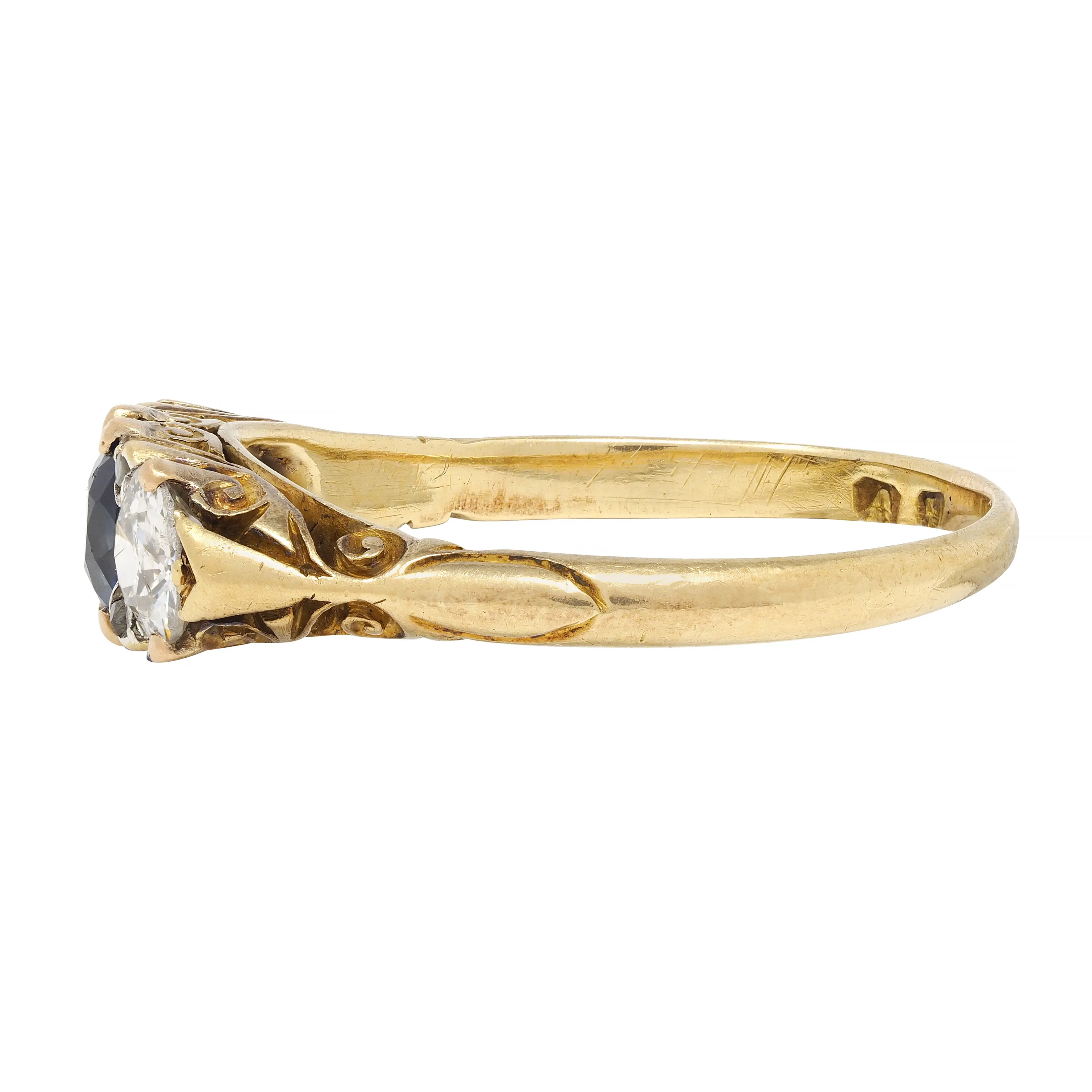Victorian 1.70 CTW Sapphire Diamond 18 Karat Gold Antique Three Stone Ring
