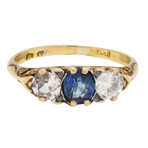 Victorian 1.70 CTW Sapphire Diamond 18 Karat Gold Antique Three Stone Ring