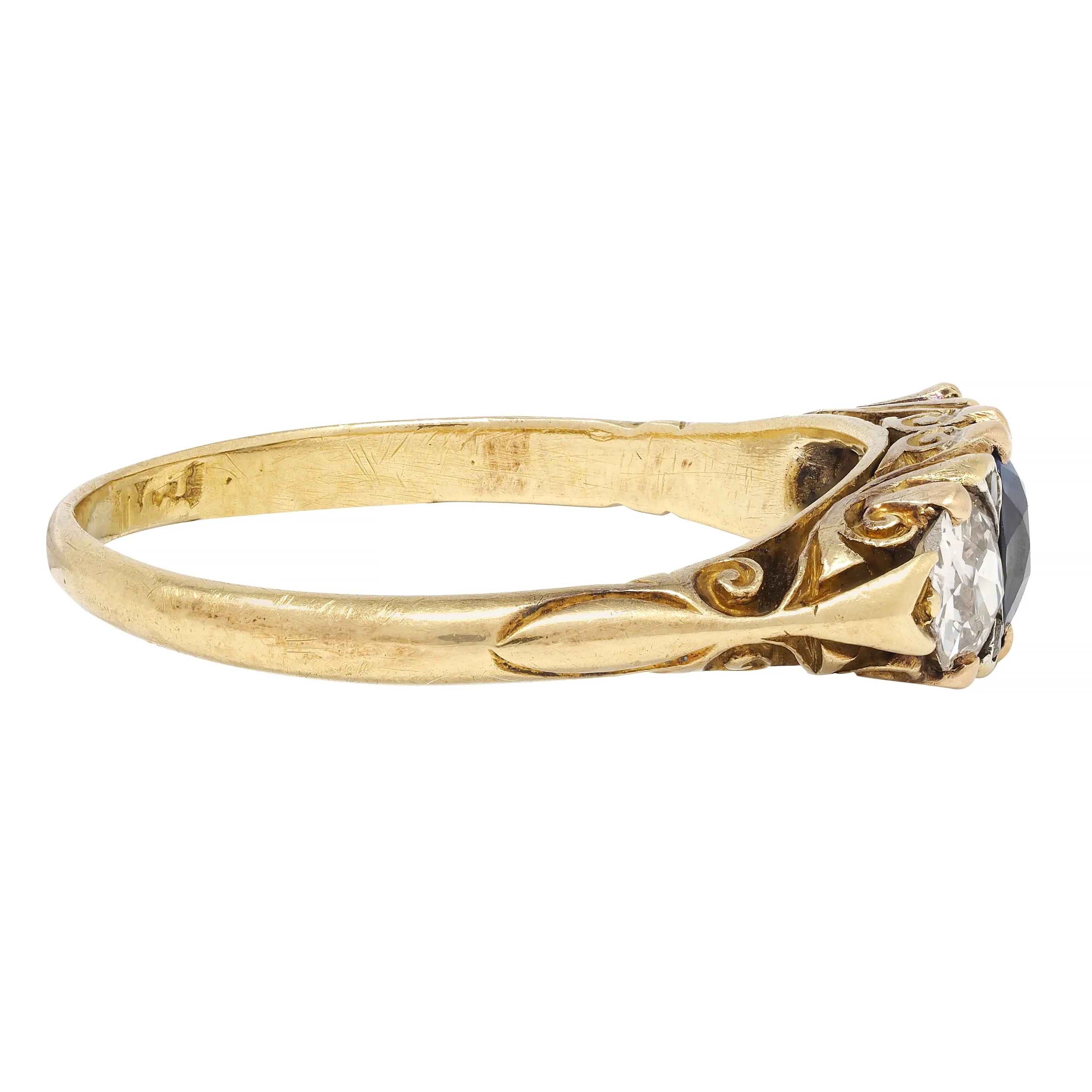Victorian 1.70 CTW Sapphire Diamond 18 Karat Gold Antique Three Stone Ring