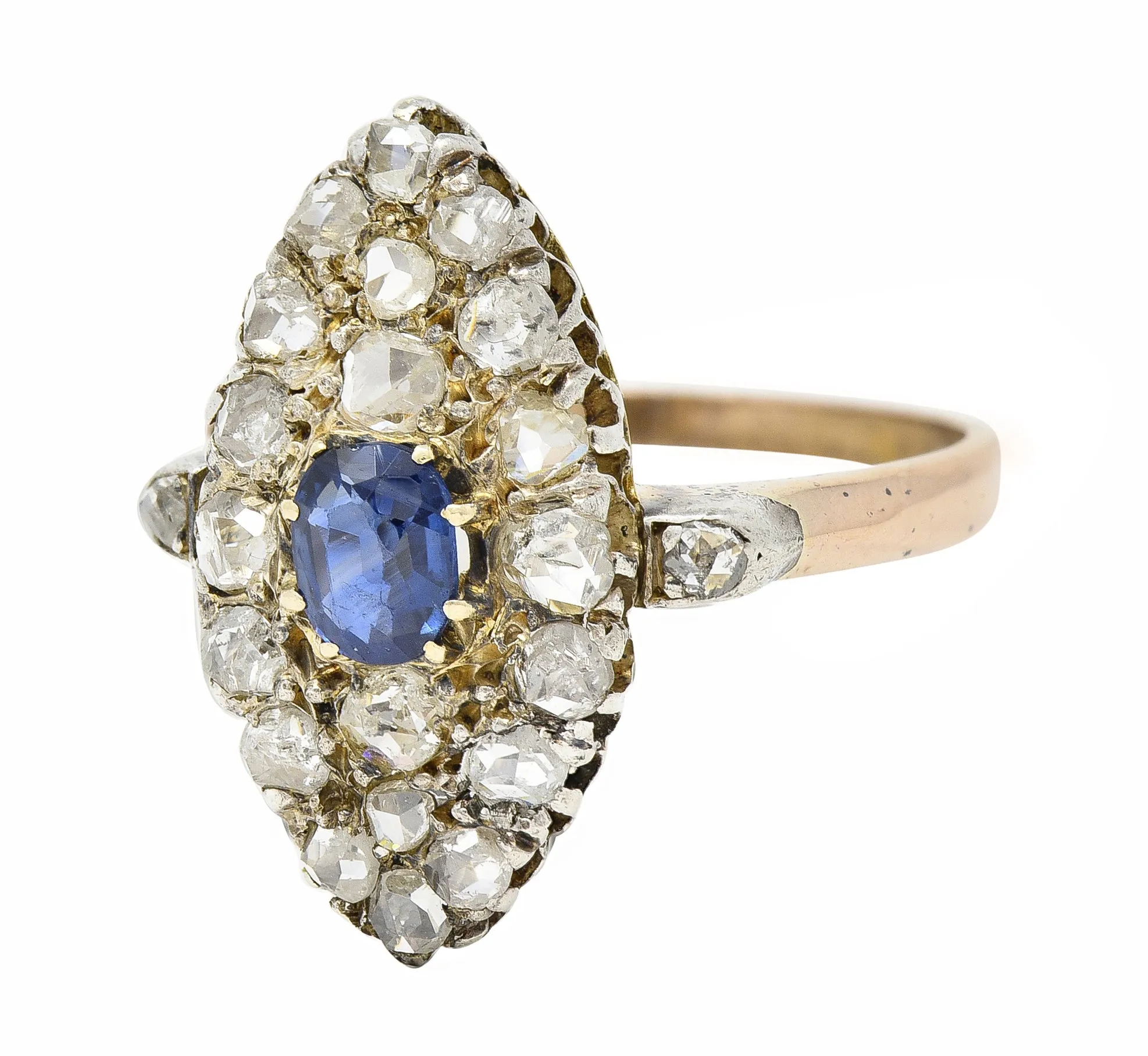 Victorian 1.84 CTW Cushion Cut Sapphire Diamond Silver-Topped 18 Karat Rose Gold Antique Navette Cluster Ring