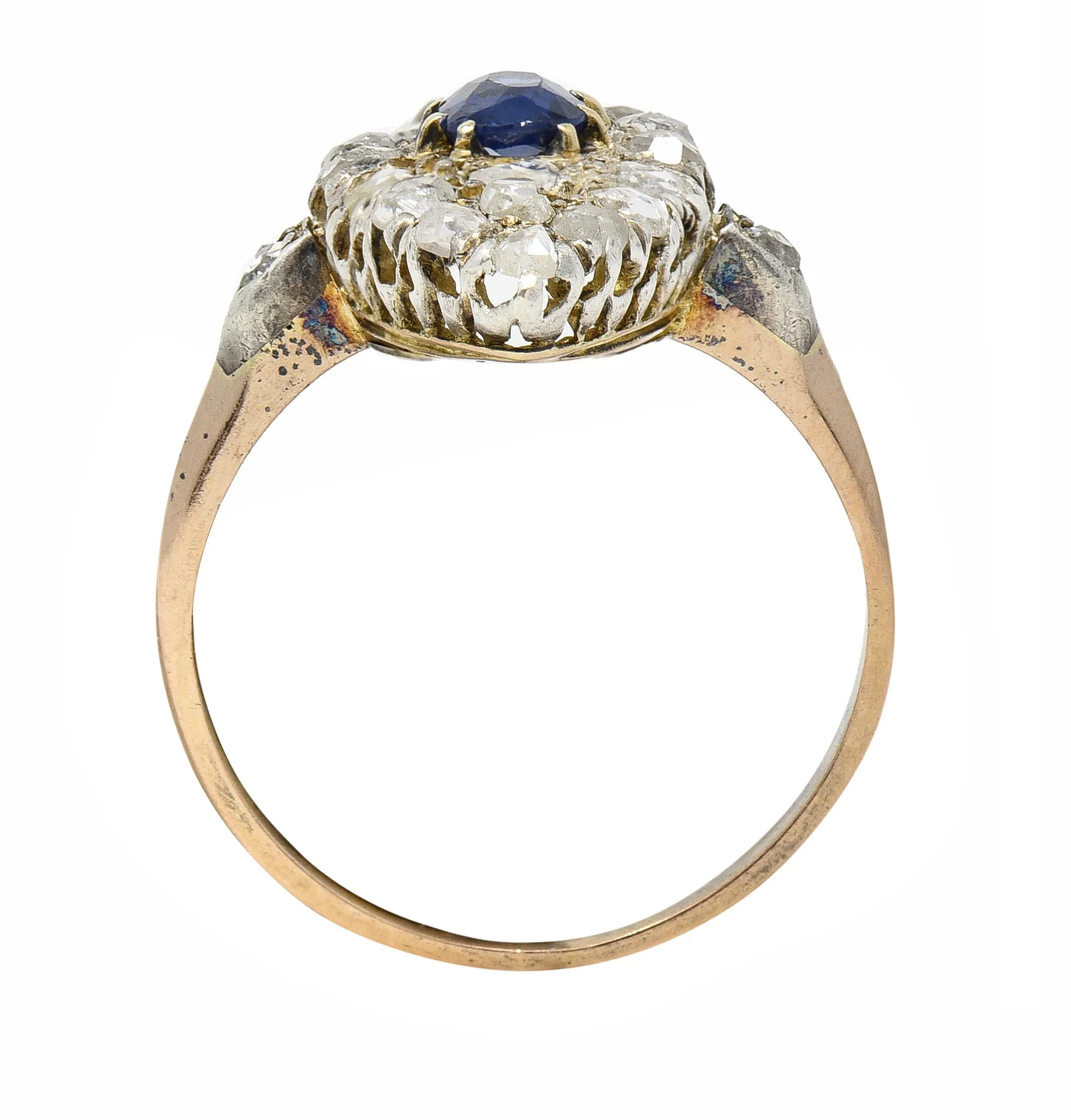 Victorian 1.84 CTW Cushion Cut Sapphire Diamond Silver-Topped 18 Karat Rose Gold Antique Navette Cluster Ring