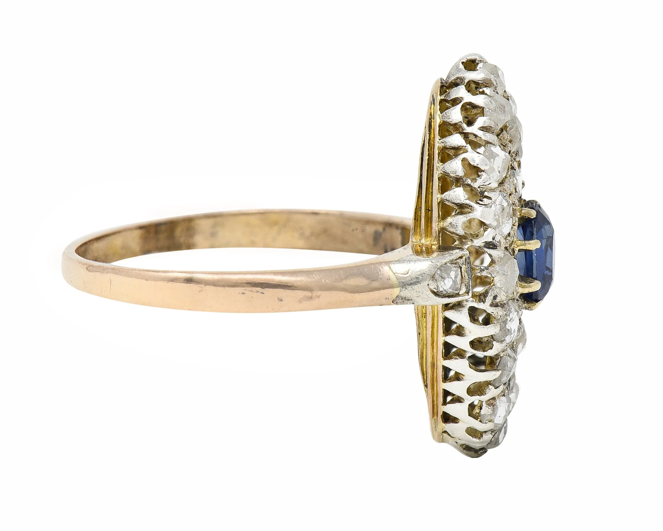 Victorian 1.84 CTW Cushion Cut Sapphire Diamond Silver-Topped 18 Karat Rose Gold Antique Navette Cluster Ring