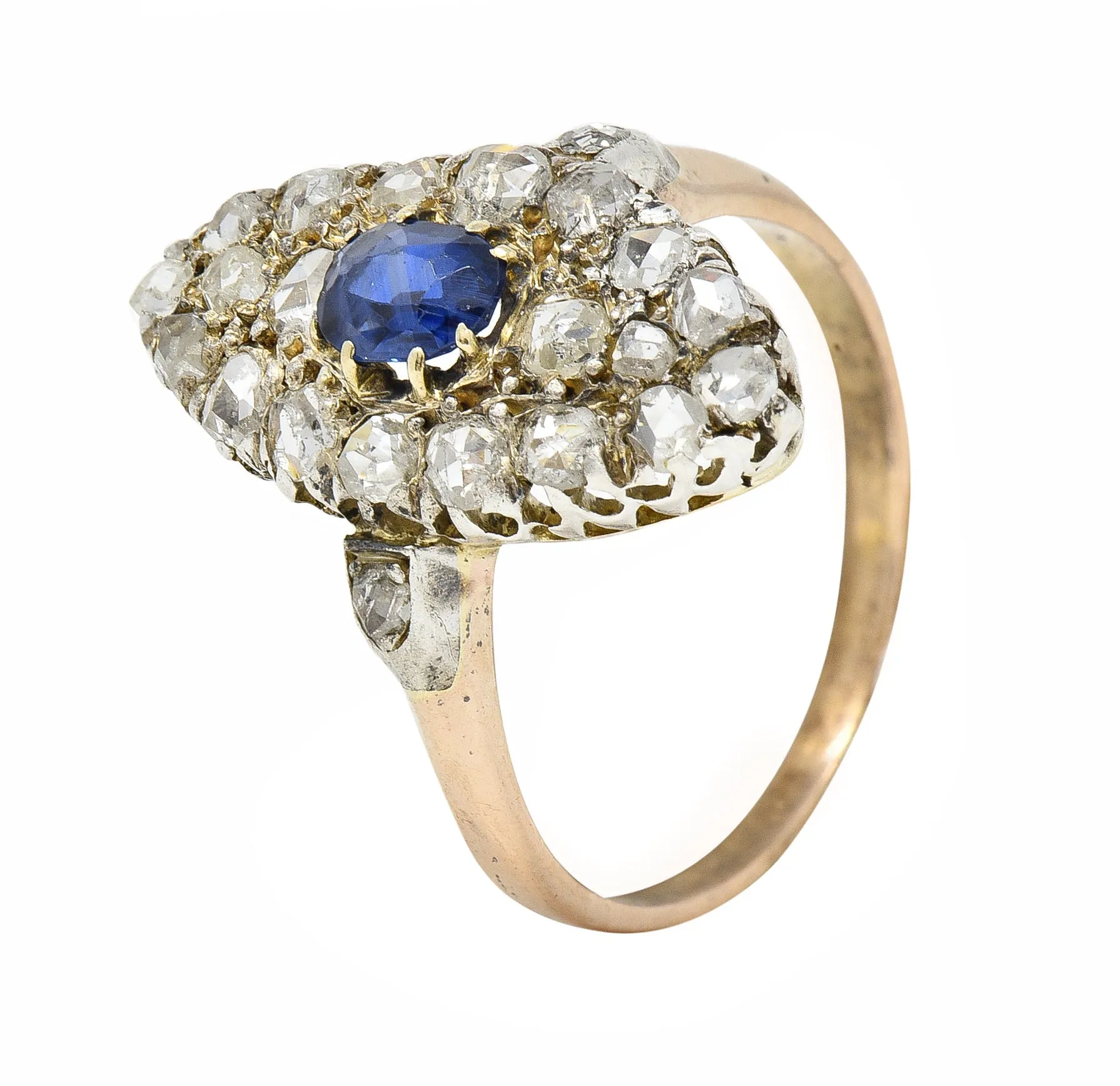 Victorian 1.84 CTW Cushion Cut Sapphire Diamond Silver-Topped 18 Karat Rose Gold Antique Navette Cluster Ring