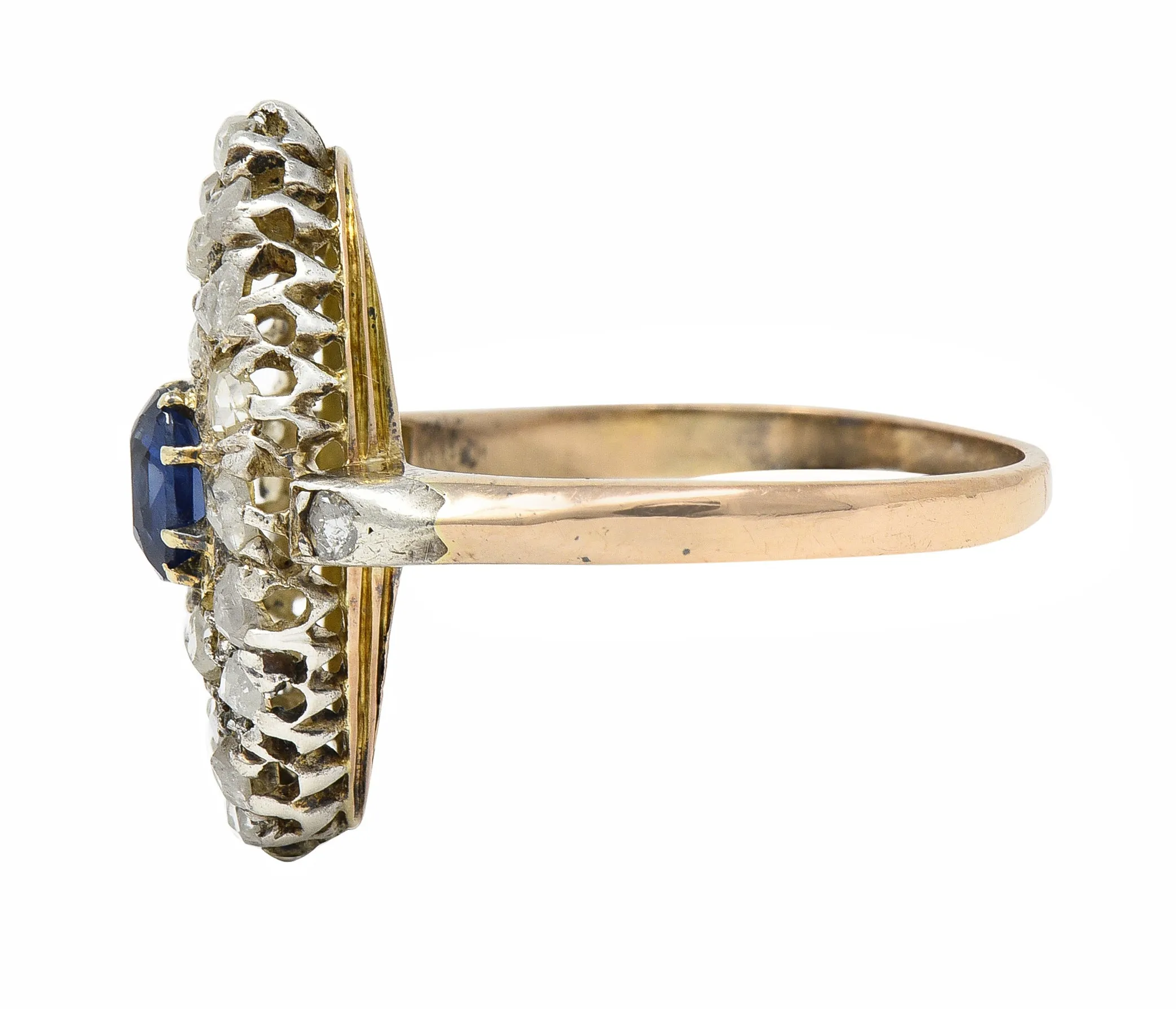 Victorian 1.84 CTW Cushion Cut Sapphire Diamond Silver-Topped 18 Karat Rose Gold Antique Navette Cluster Ring