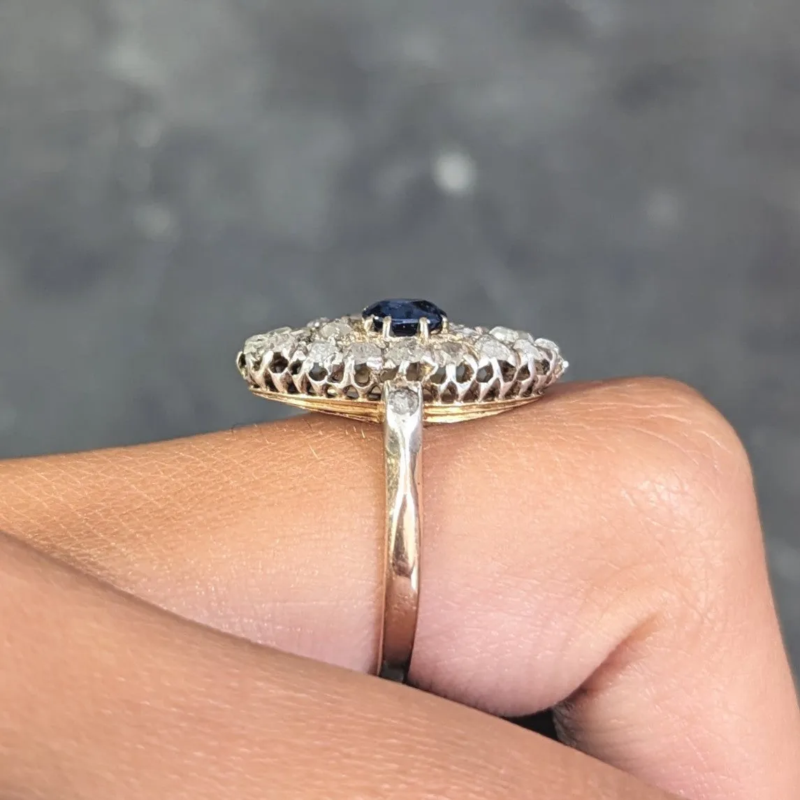 Victorian 1.84 CTW Cushion Cut Sapphire Diamond Silver-Topped 18 Karat Rose Gold Antique Navette Cluster Ring