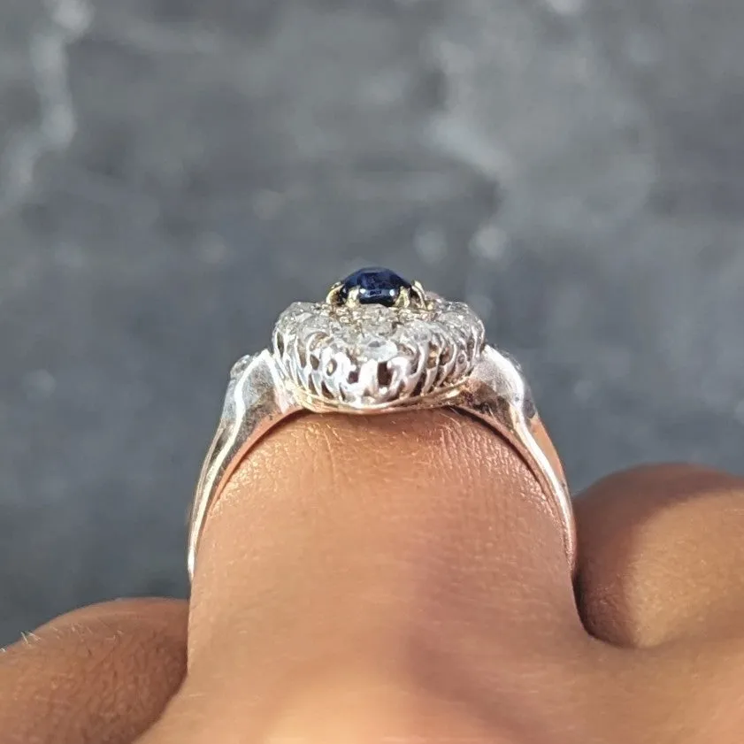 Victorian 1.84 CTW Cushion Cut Sapphire Diamond Silver-Topped 18 Karat Rose Gold Antique Navette Cluster Ring
