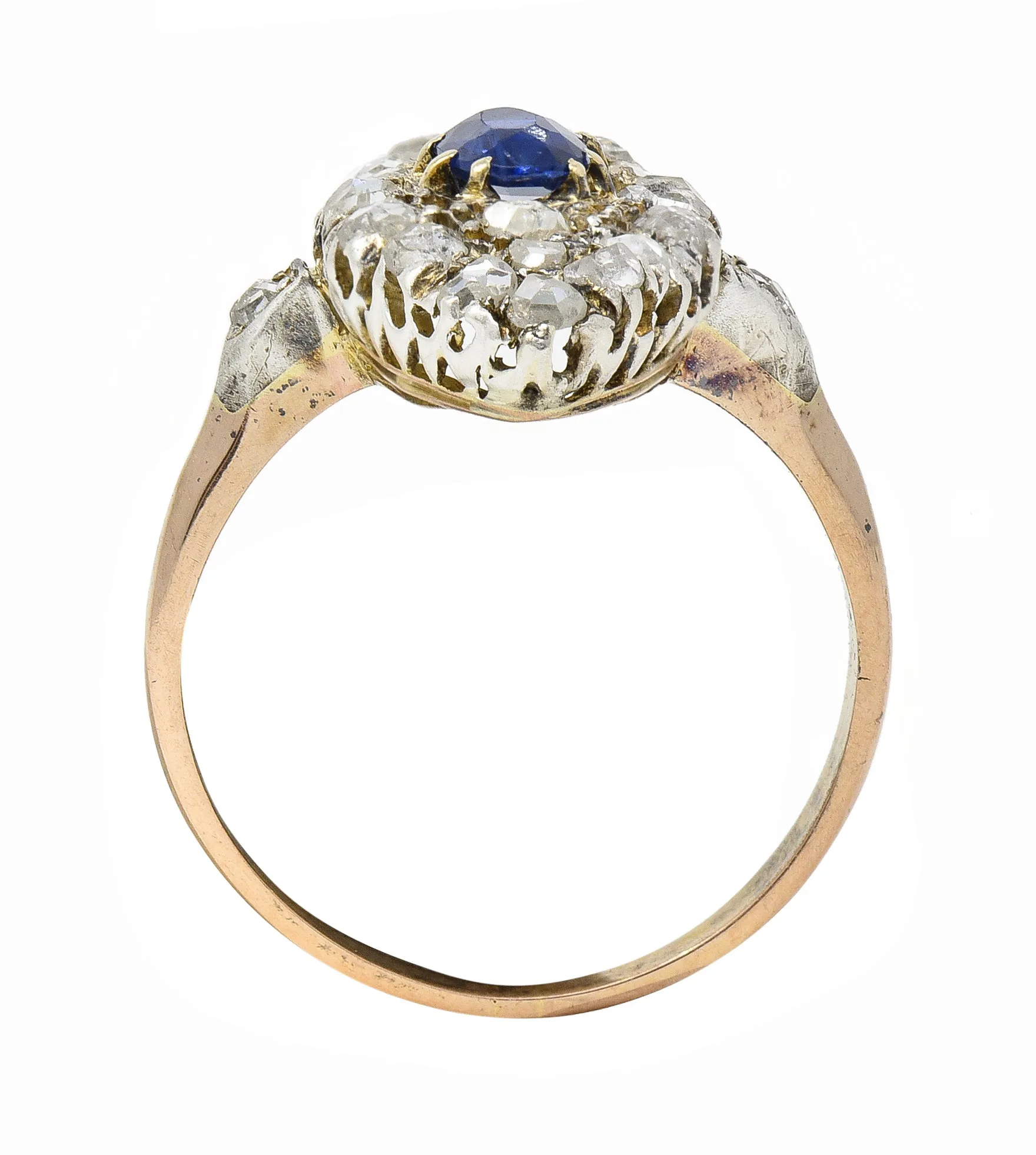 Victorian 1.84 CTW Cushion Cut Sapphire Diamond Silver-Topped 18 Karat Rose Gold Antique Navette Cluster Ring
