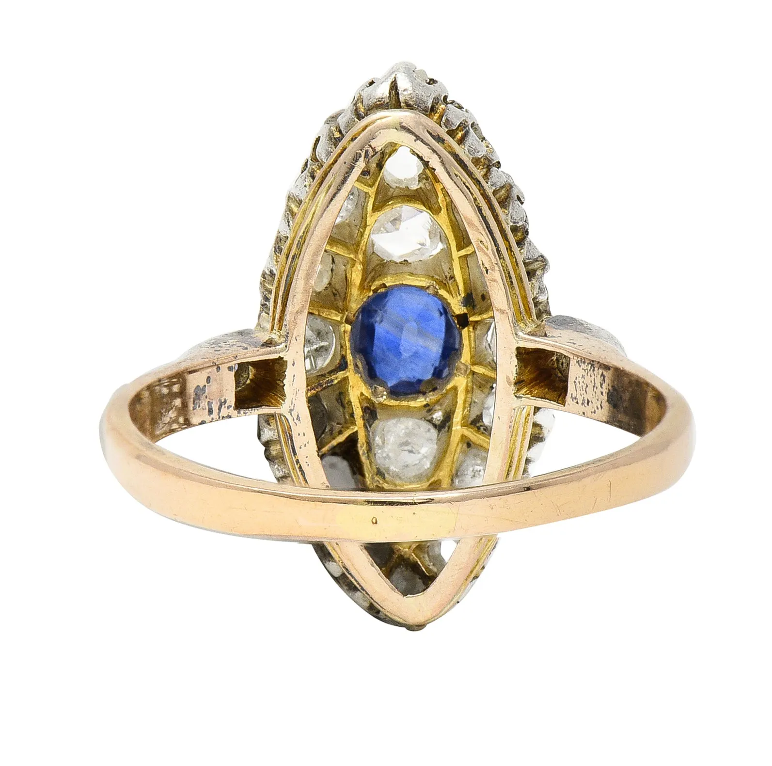 Victorian 1.84 CTW Cushion Cut Sapphire Diamond Silver-Topped 18 Karat Rose Gold Antique Navette Cluster Ring