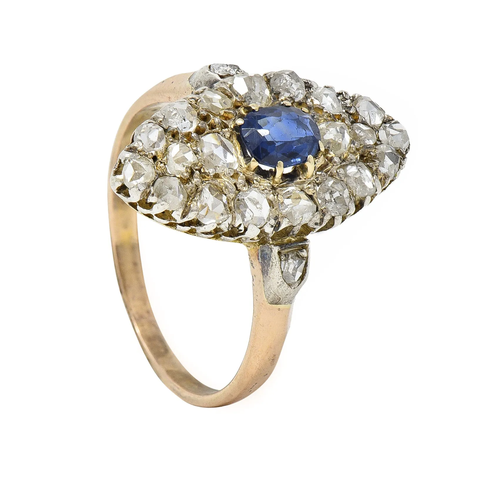 Victorian 1.84 CTW Cushion Cut Sapphire Diamond Silver-Topped 18 Karat Rose Gold Antique Navette Cluster Ring